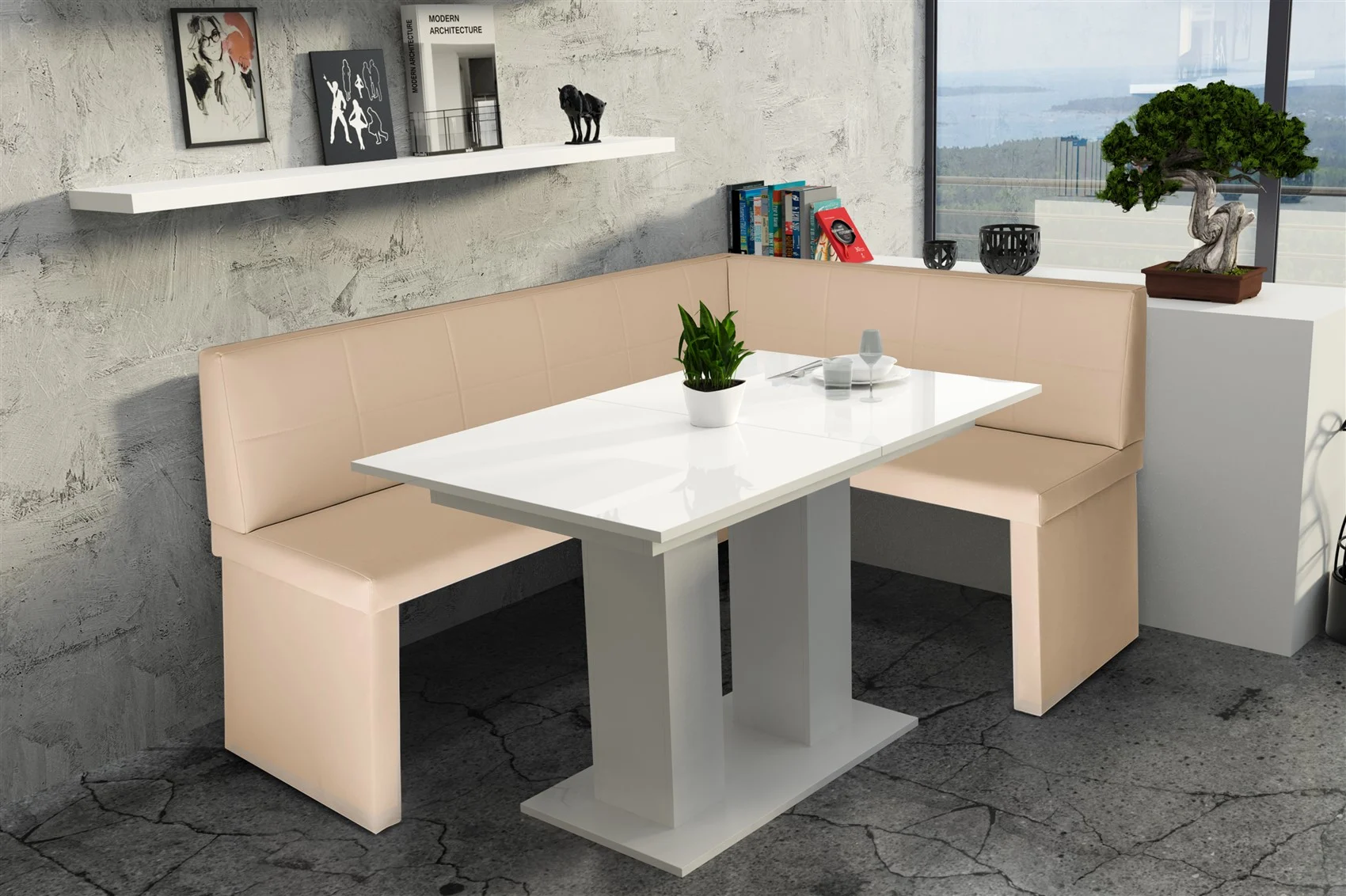 Eckbankgruppe 168x128 cm ROBIN L Creme / Esstisch DANTE Weiss HGL - Fun Moebel