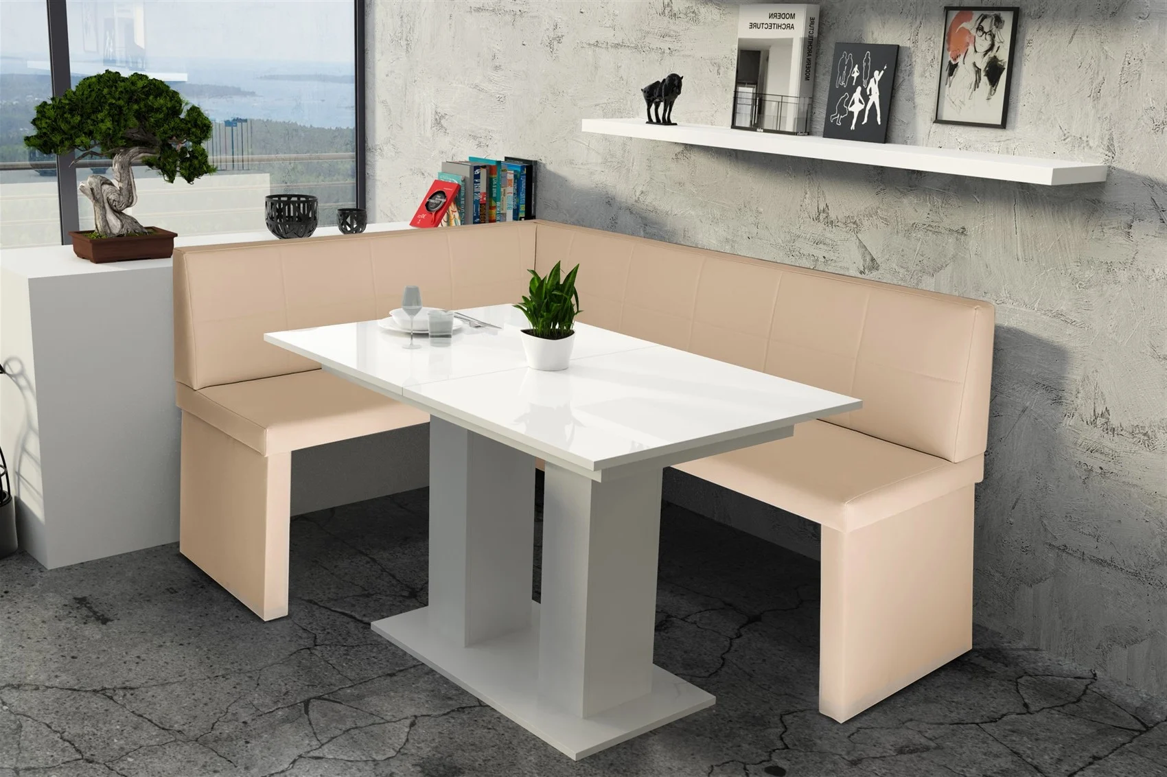 Eckbankgruppe 168x128 cm ROBIN R Creme / Esstisch DANTE Weiss HGL - Fun Moebel