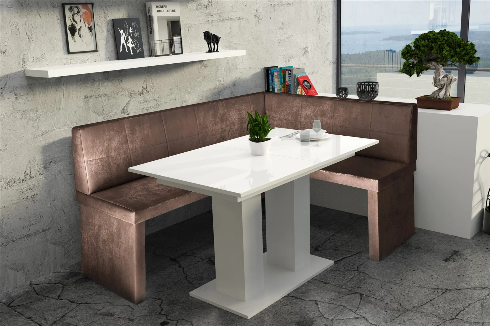 Eckbankgruppe 168x128 cm ROBIN L Vin.. Braun/ Esstisch DANTE Weiss HGL - Fun Moebel