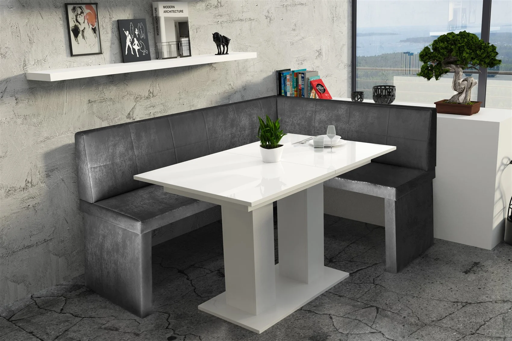 Eckbankgruppe 196x142 cm ROBIN XL L Vin..Schwarz/ Tisch DANTE Weiss - Fun Moebel