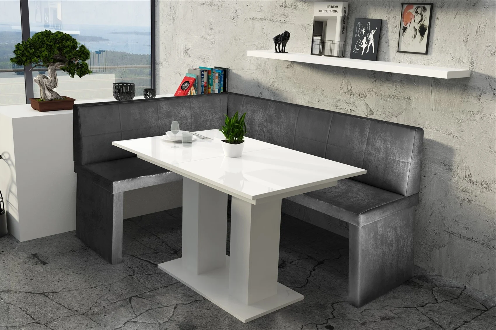 Eckbankgruppe 168x128 cm ROBIN R Vin..Schwarz/ Tisch DANTE Weiss HGL - Fun Moebel