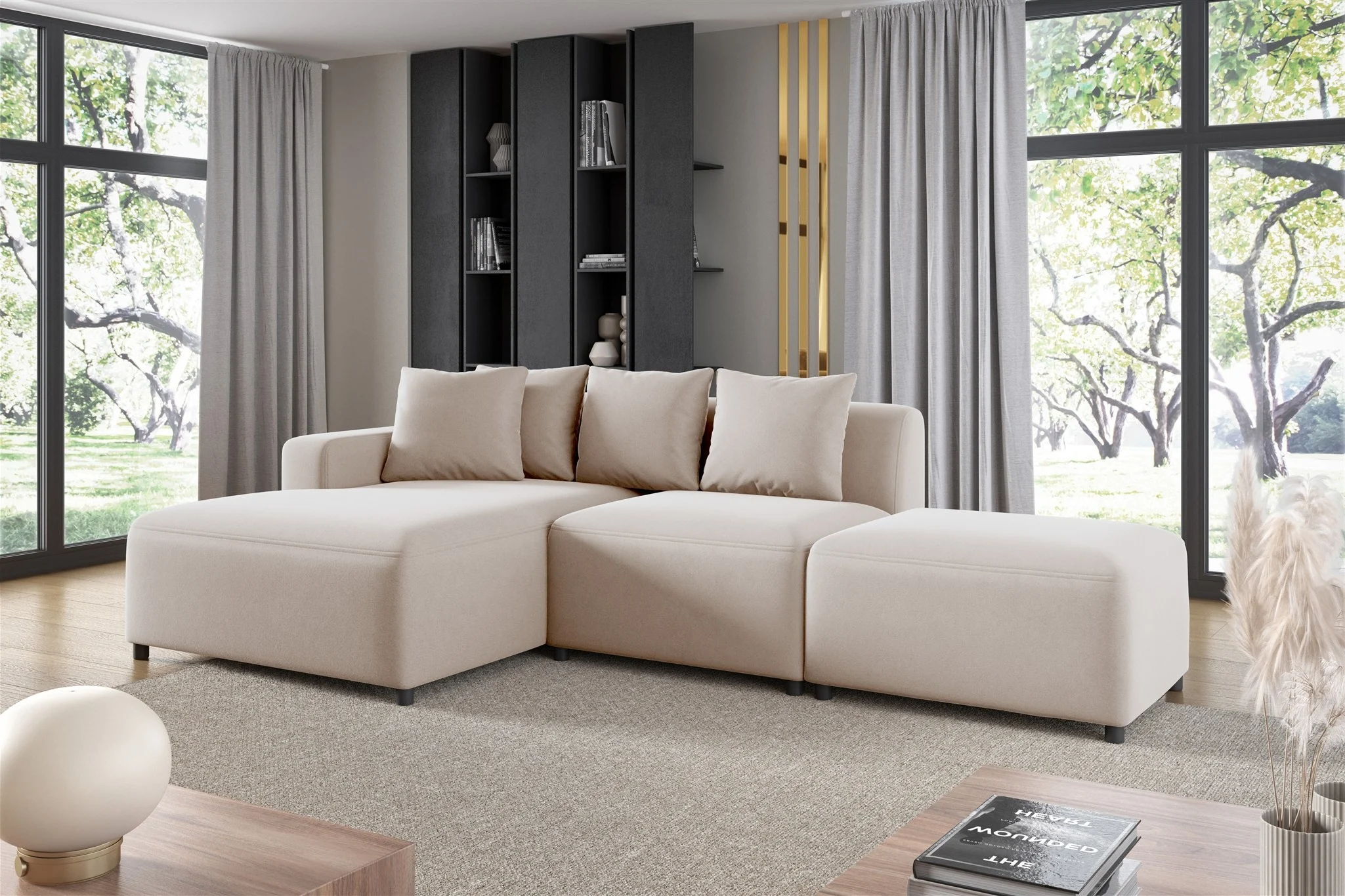 Ecksofa Designersofa MEGAN XS inkl. Hocker Stoff Salvador Hellbeige Ottomane Links - Fun Möbel