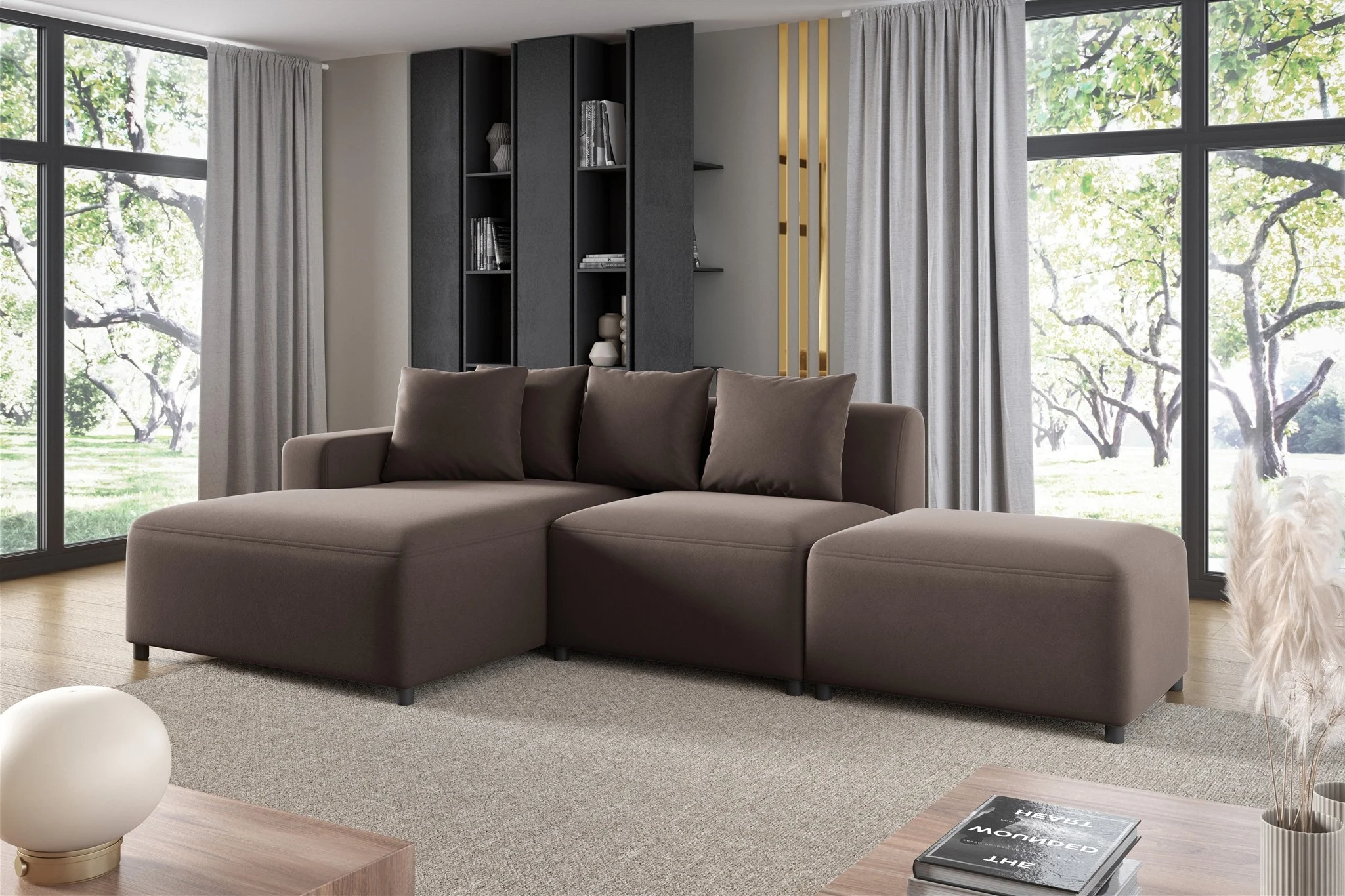 Ecksofa Designersofa MEGAN XS inkl. Hocker Stoff Salvador Braun Ottomane Links - Fun Möbel
