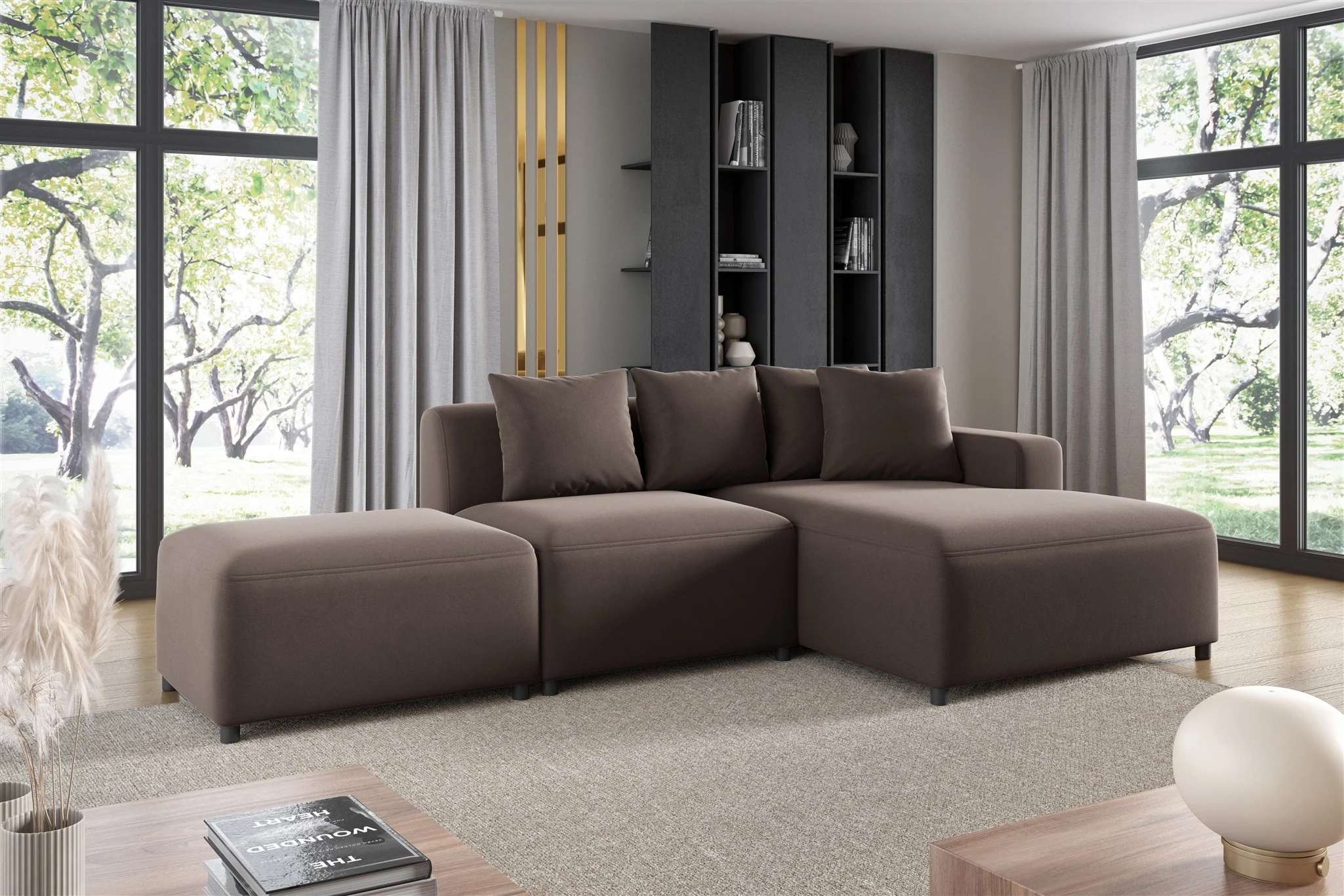 Ecksofa Designersofa MEGAN XS inkl. Hocker Stoff Salvador Braun Ottomane Rechts - Fun Möbel