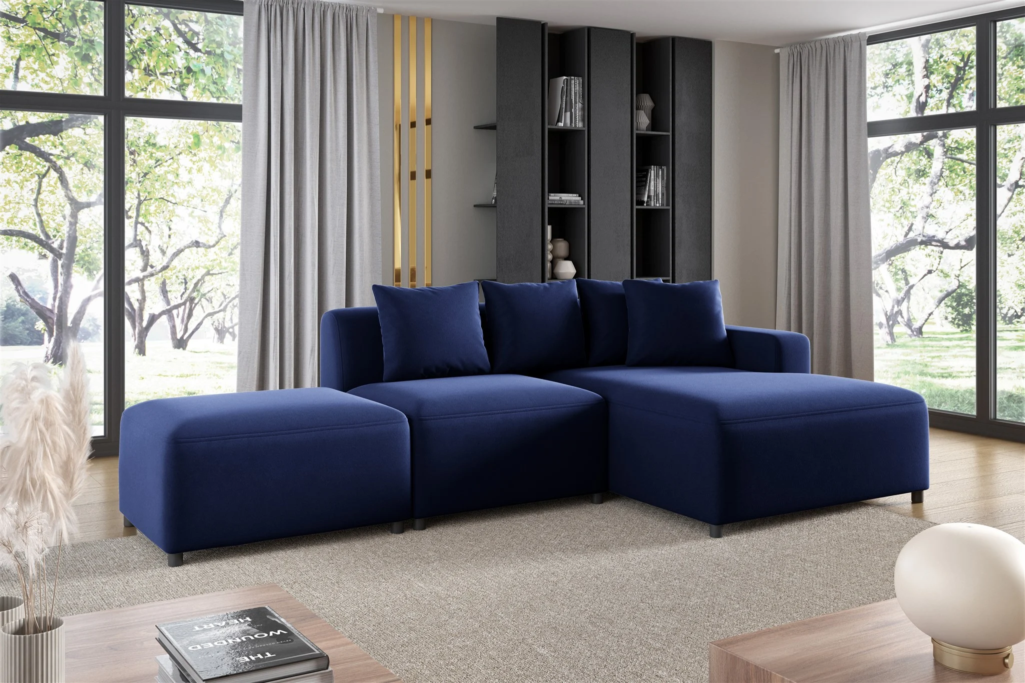 Ecksofa Designersofa MEGAN XS inkl. Hocker Stoff Salvador Dunkelblau Ottomane Rechts - Fun Möbel