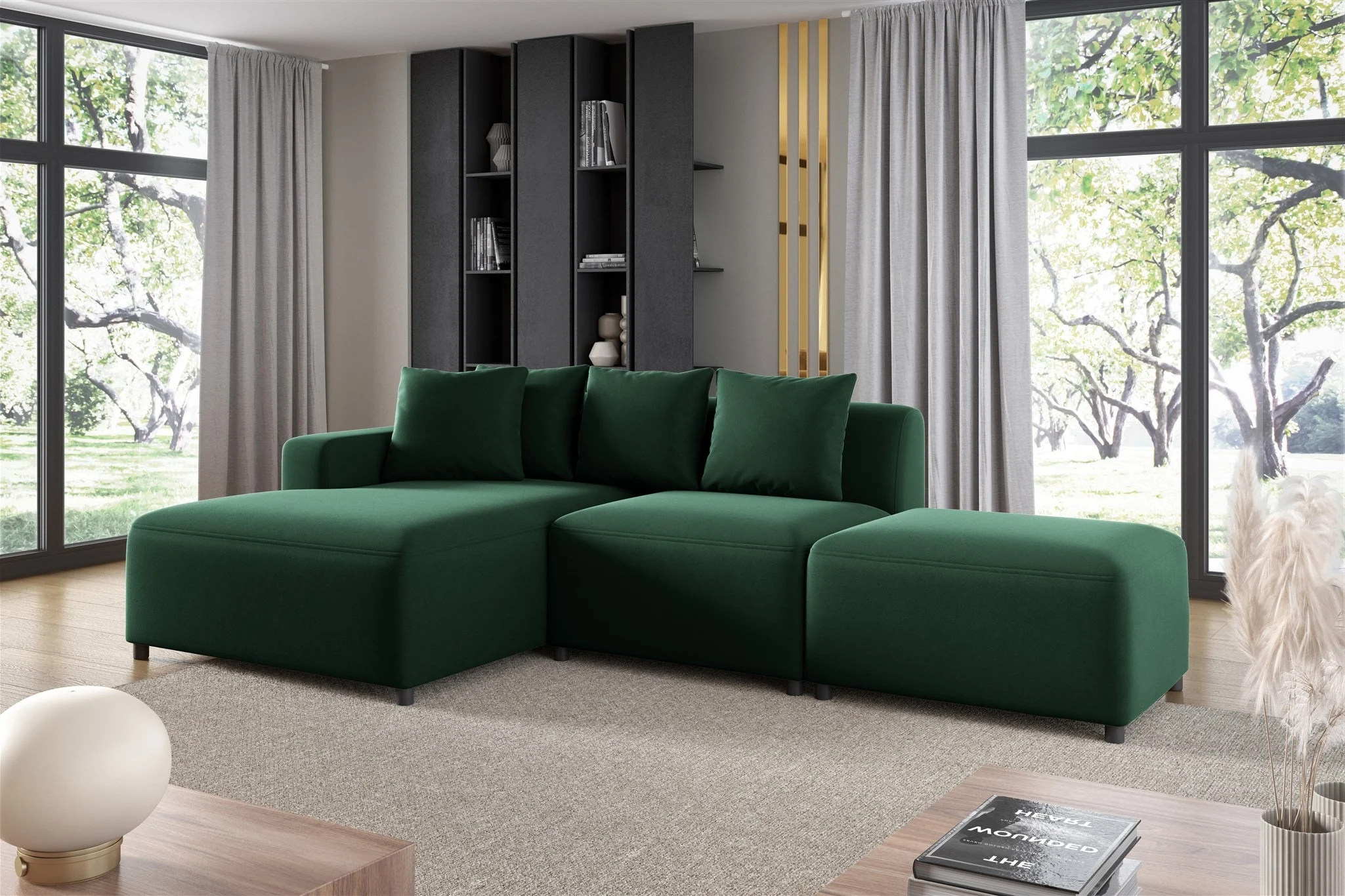 Ecksofa Designersofa MEGAN XS inkl. Hocker Stoff Salvador Dunkelgrün Ottomane Links - Fun Möbel