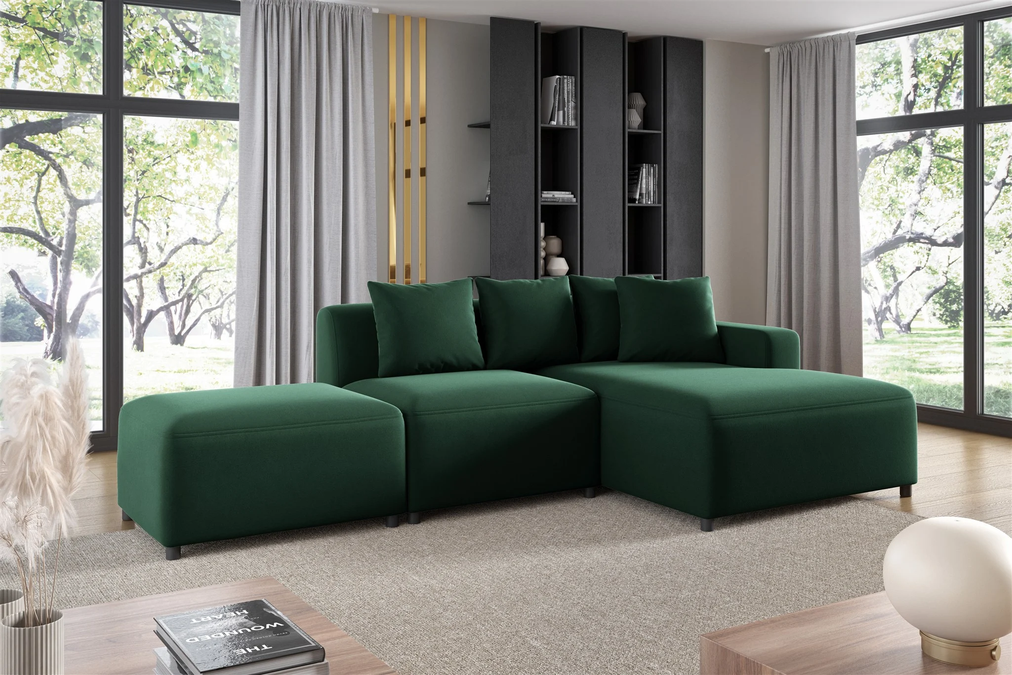 Ecksofa Designersofa MEGAN XS inkl. Hocker Stoff Salvador Dunkelgrün Ottomane Rechts - Fun Möbel