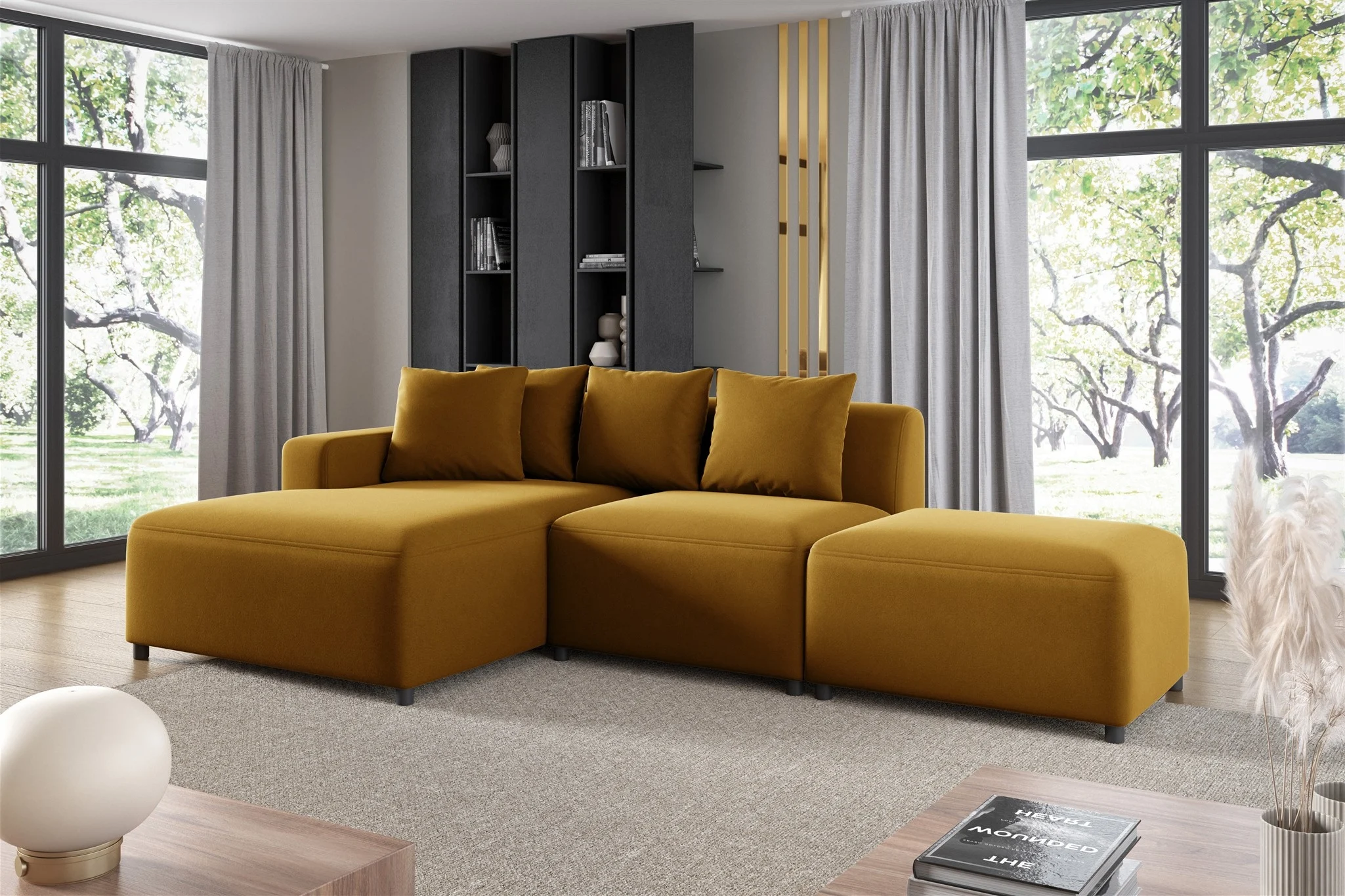Ecksofa Designersofa MEGAN XS inkl. Hocker Stoff Salvador Honiggelb Ottomane Links - Fun Möbel