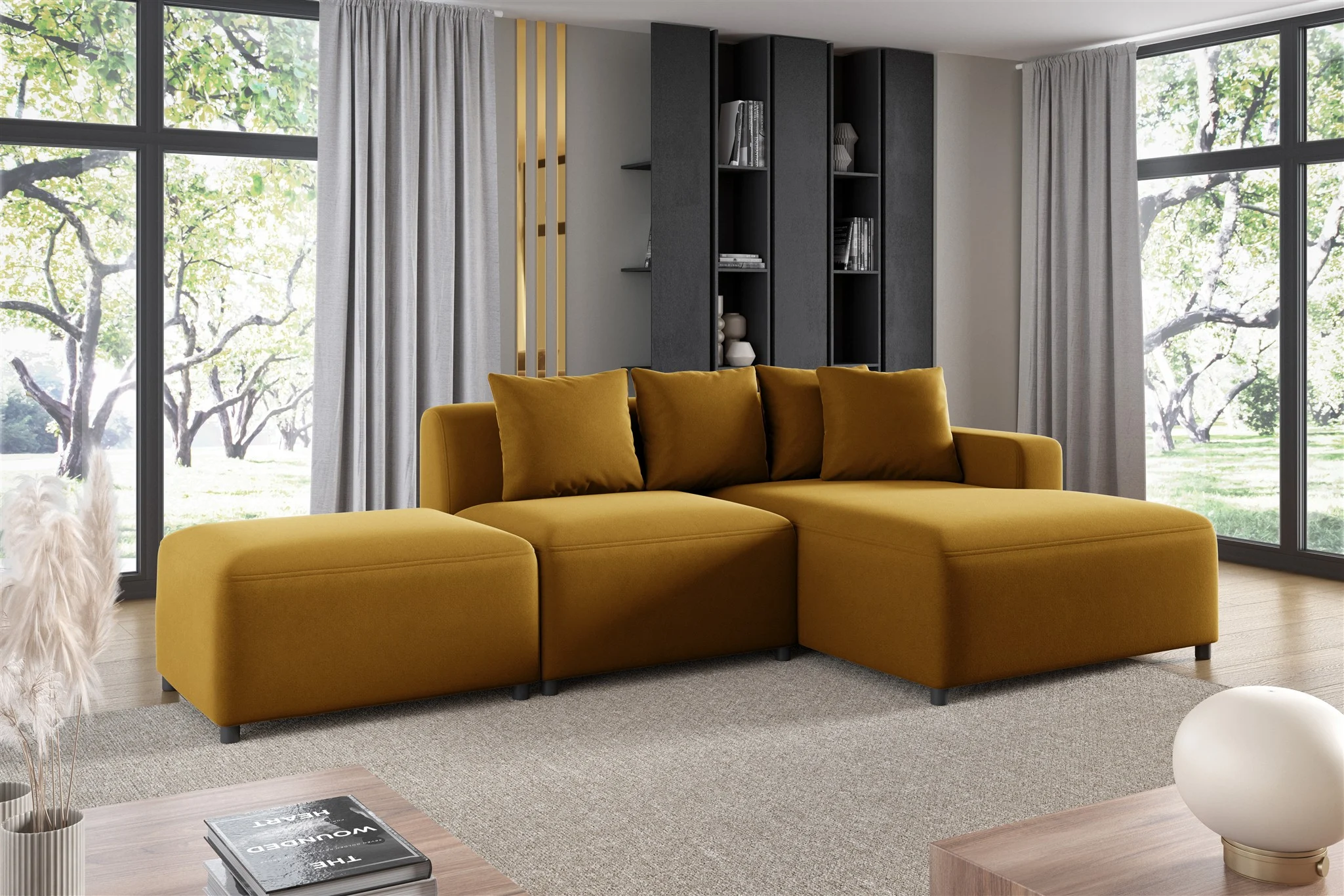 Ecksofa Designersofa MEGAN XS inkl. Hocker Stoff Salvador Honiggelb Ottomane Rechts - Fun Möbel