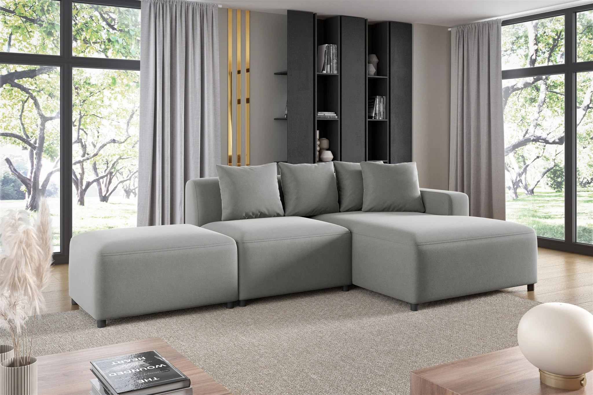 Ecksofa Designersofa MEGAN XS inkl. Hocker Stoff Salvador Hellgrau Ottomane Rechts - Fun Möbel