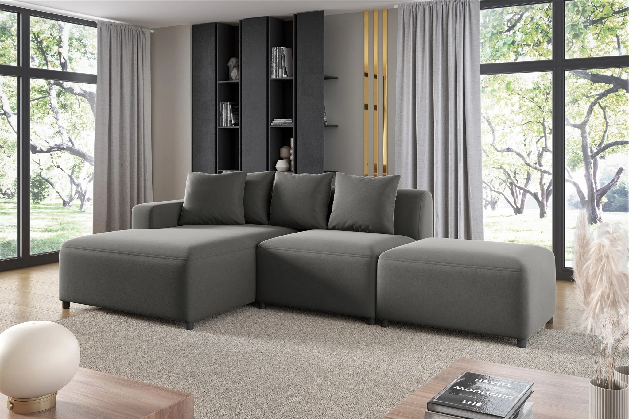 Ecksofa Designersofa MEGAN XS inkl. Hocker Stoff Salvador Grau Ottomane Links - Fun Möbel