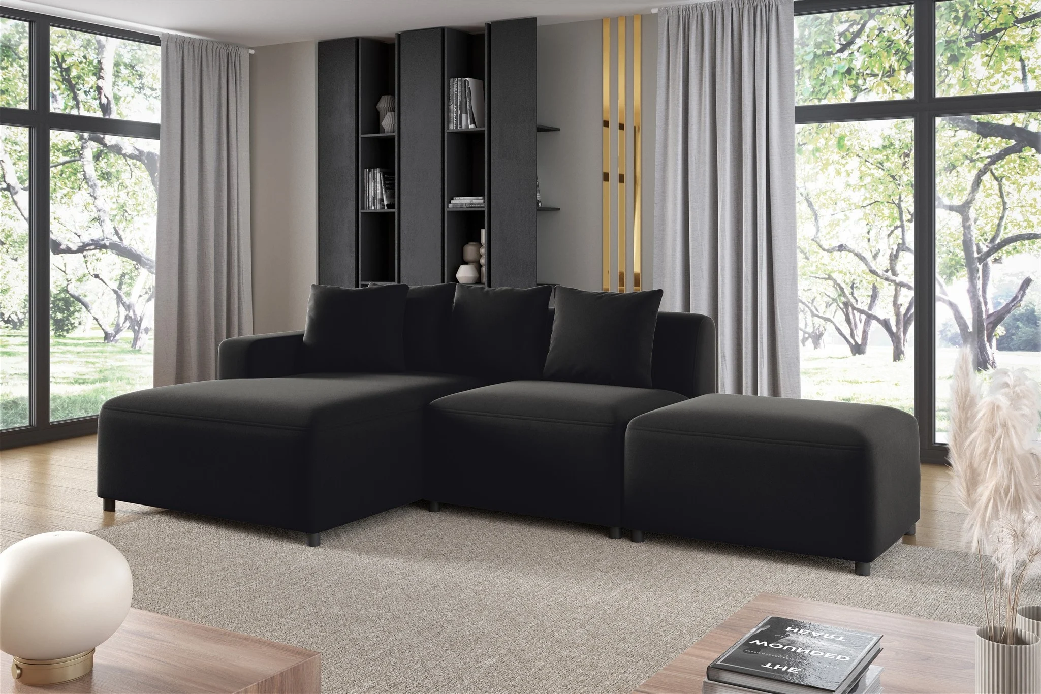 Ecksofa Designersofa MEGAN XS inkl. Hocker Stoff Salvador Schwarz Ottomane Links - Fun Möbel