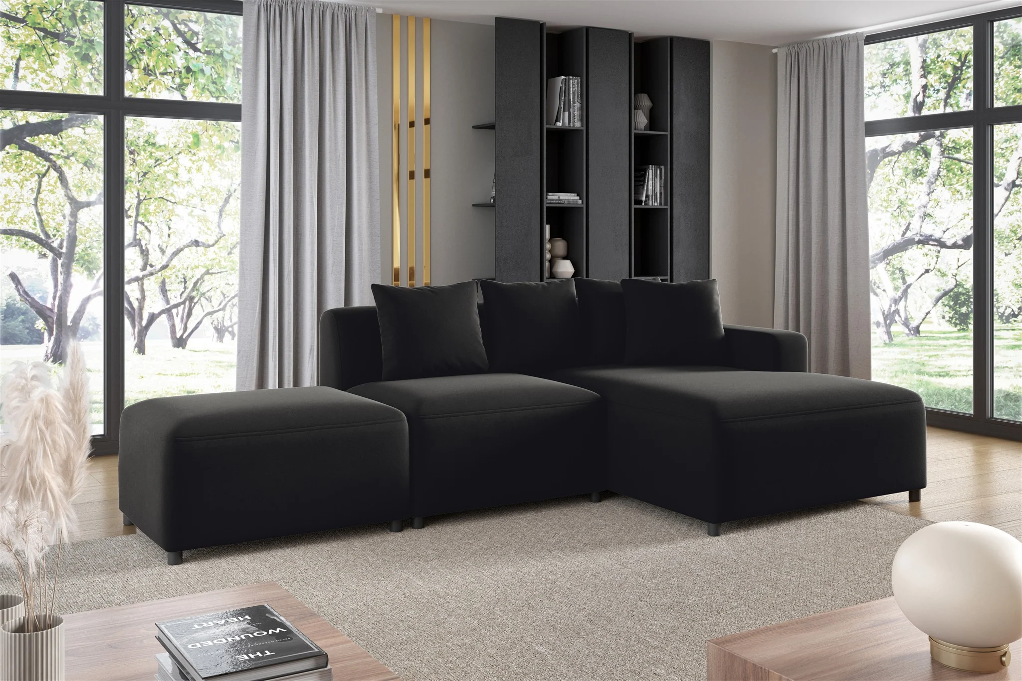 Ecksofa Designersofa MEGAN XS inkl. Hocker Stoff Salvador Schwarz Ottomane Rechts - Fun Möbel