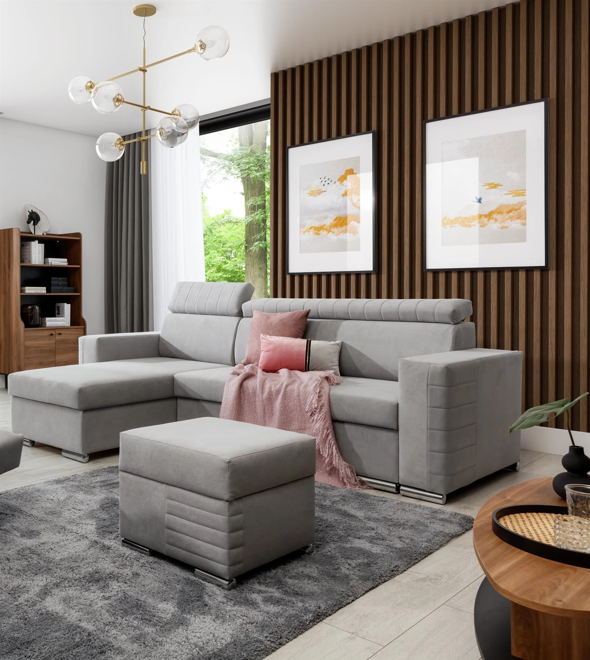Ecksofa Schlafsofa inkl. Hocker CANTON Stoff Camelia Hellgrau Ottomane Links - Fun Möbel