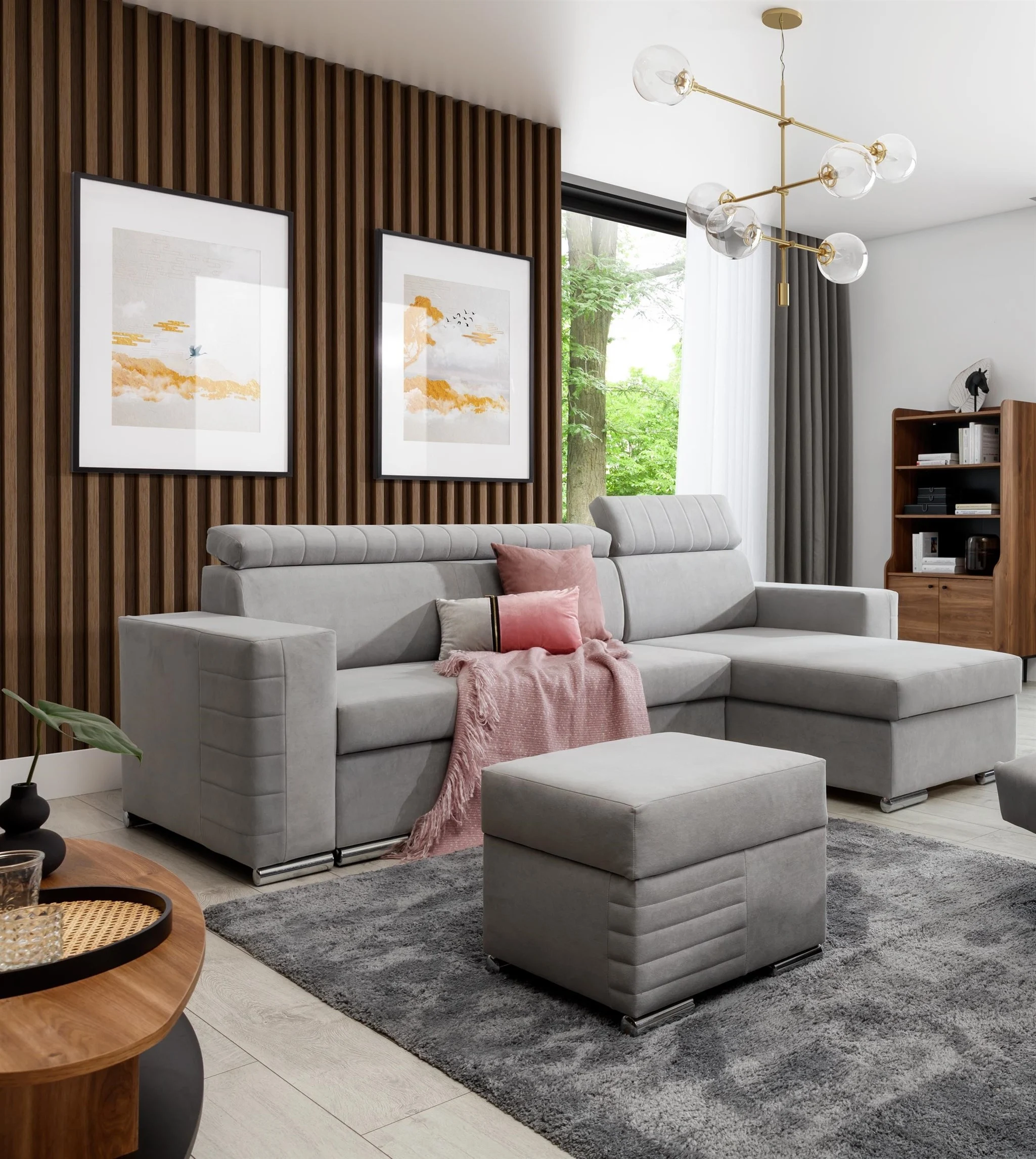 Ecksofa Schlafsofa inkl. Hocker CANTON Stoff Camelia Hellgrau Ottomane Rechts - Fun Möbel