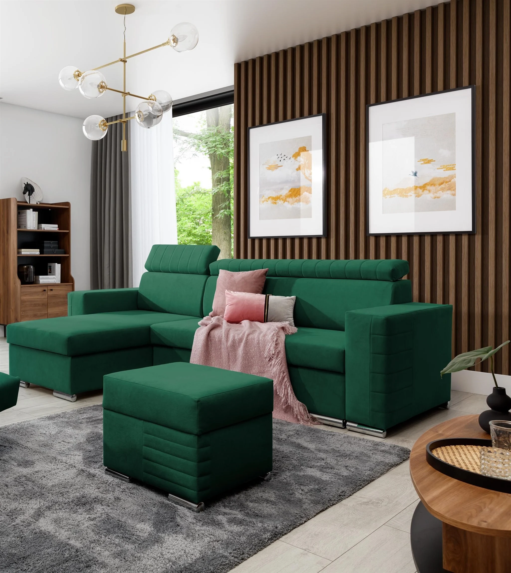 Ecksofa Schlafsofa inkl. Hocker CANTON Stoff Camelia Grün Ottomane Links - Fun Möbel