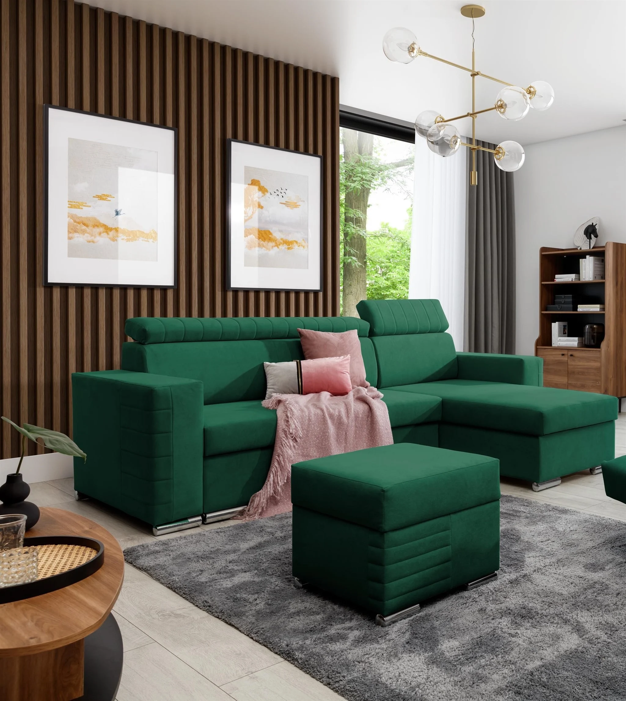 Ecksofa Schlafsofa inkl. Hocker CANTON Stoff Camelia Grün Ottomane Rechts - Fun Möbel