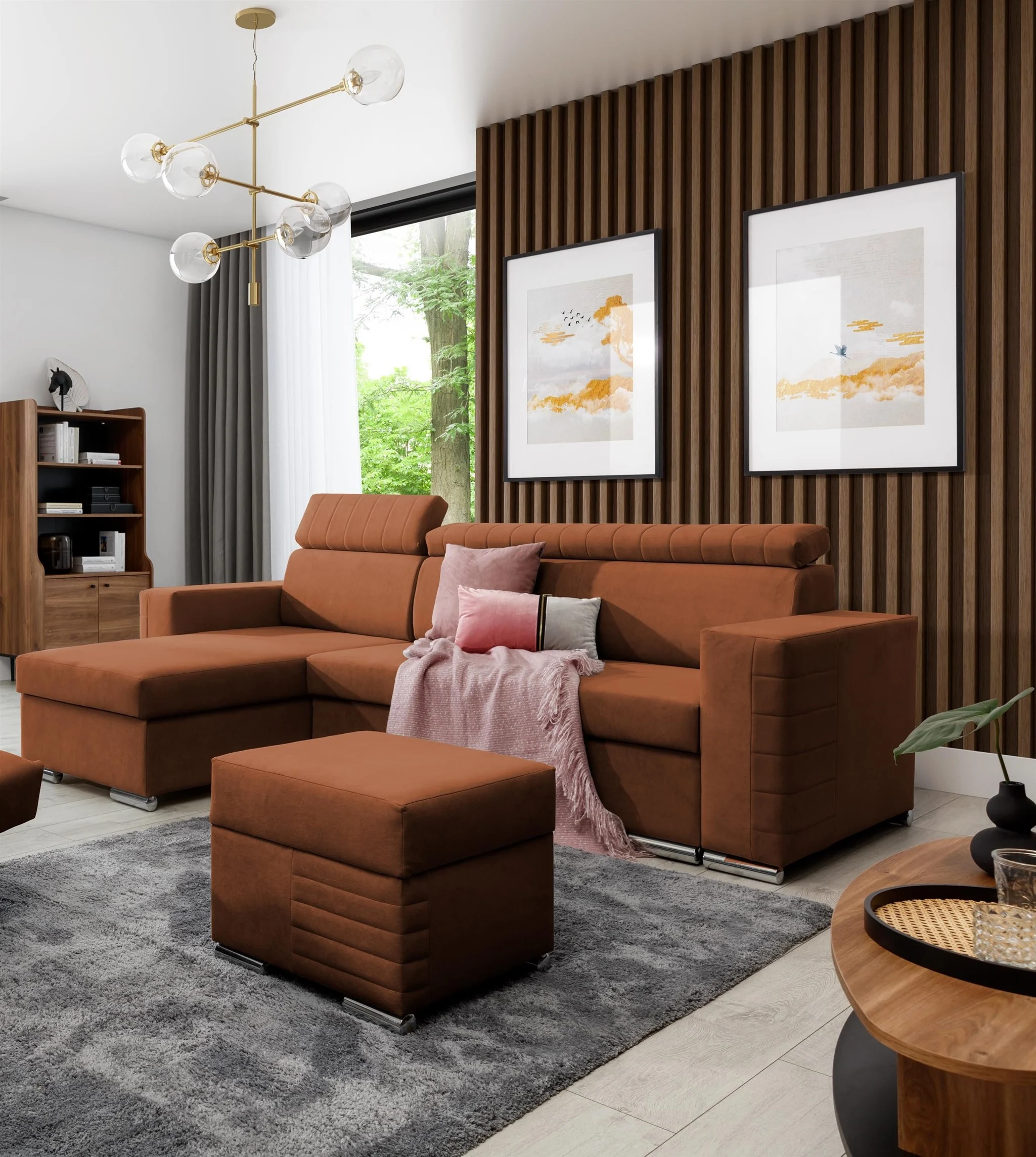 Ecksofa Schlafsofa inkl. Hocker CANTON Stoff Camelia Rostbraun Ottomane Links - Fun Möbel
