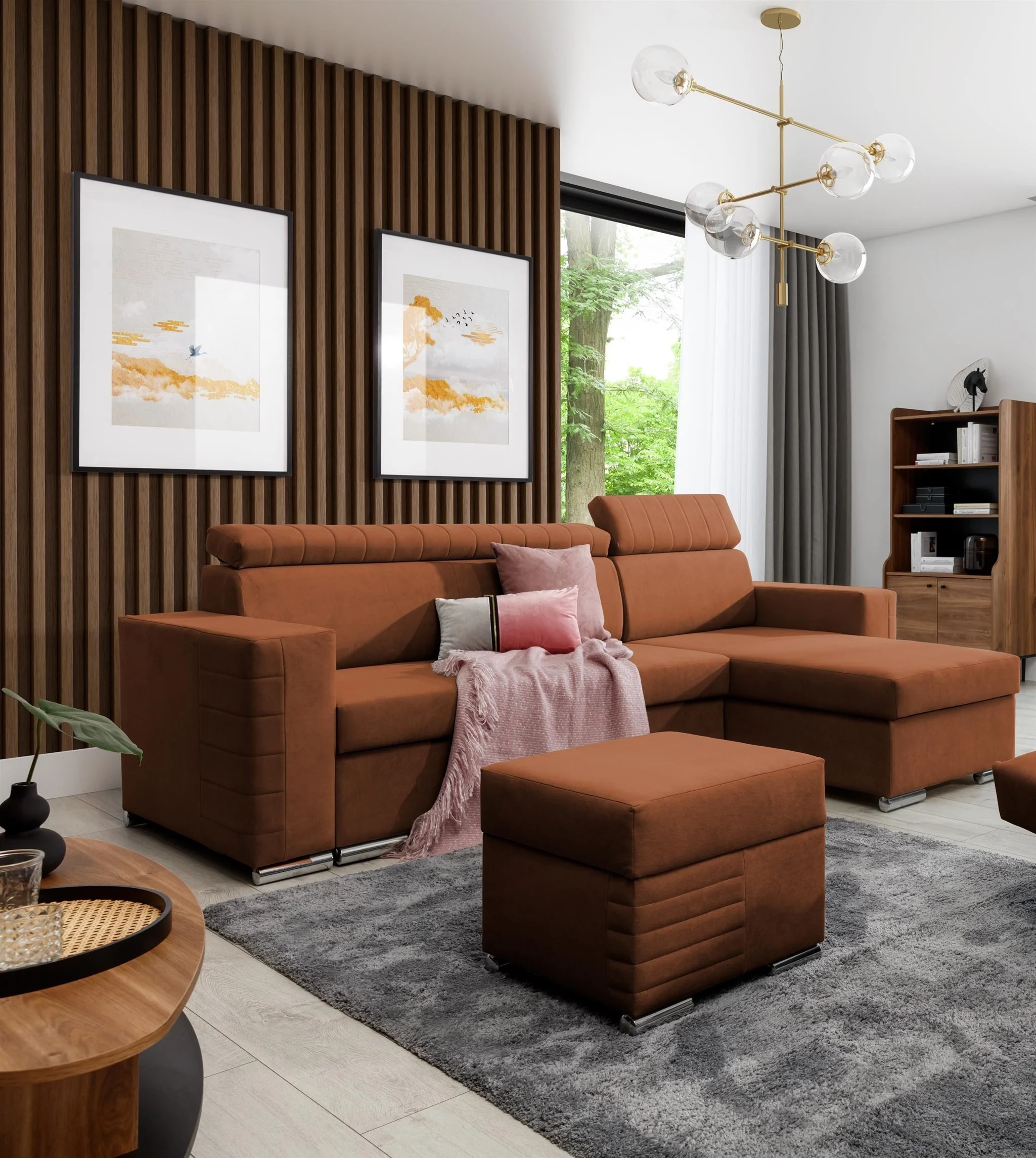 Ecksofa Schlafsofa inkl. Hocker CANTON Stoff Camelia Rostbraun Ottomane Rechts - Fun Möbel