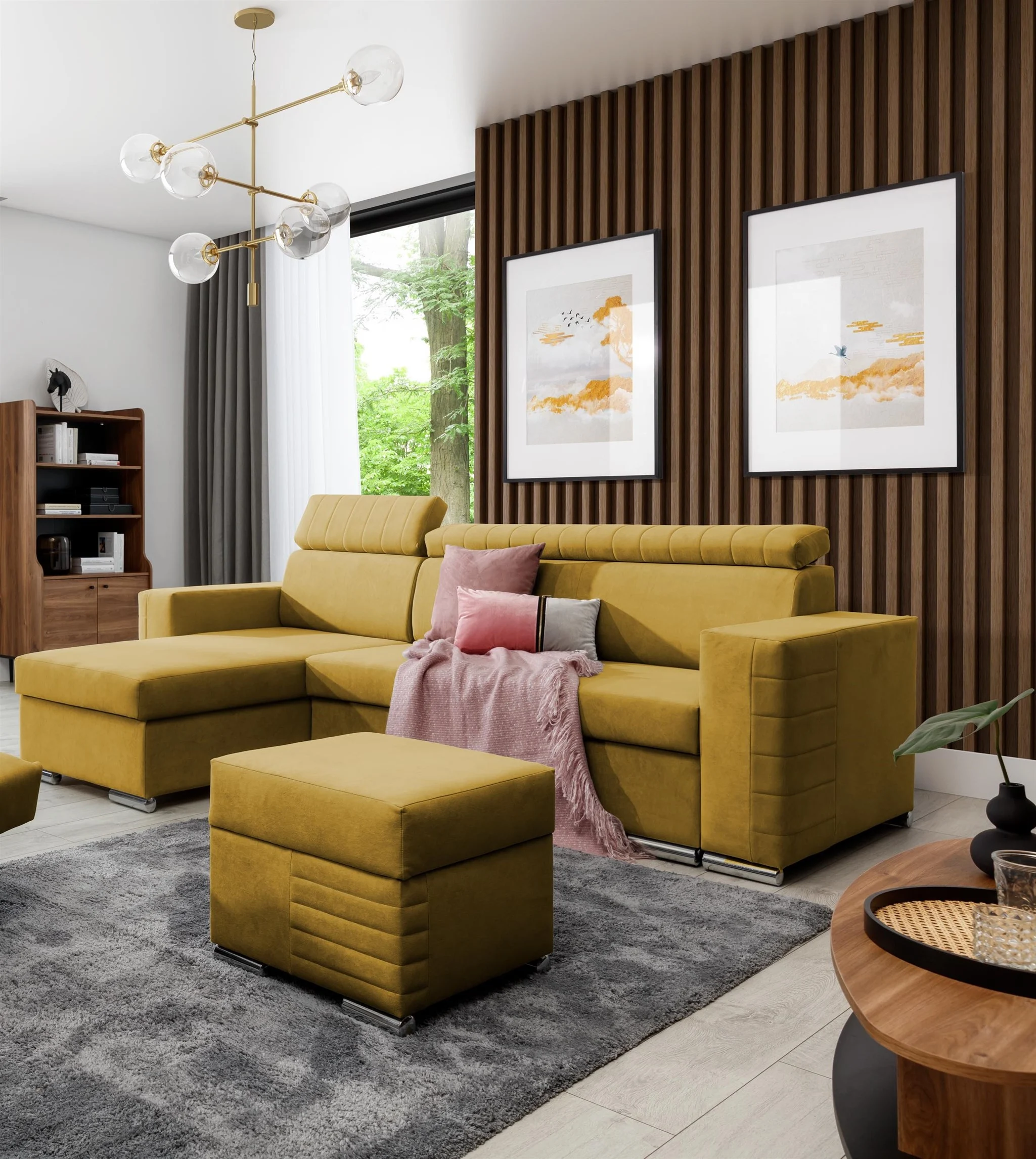 Ecksofa Schlafsofa inkl. Hocker CANTON Stoff Camelia Senfgelb Ottomane Links - Fun Möbel