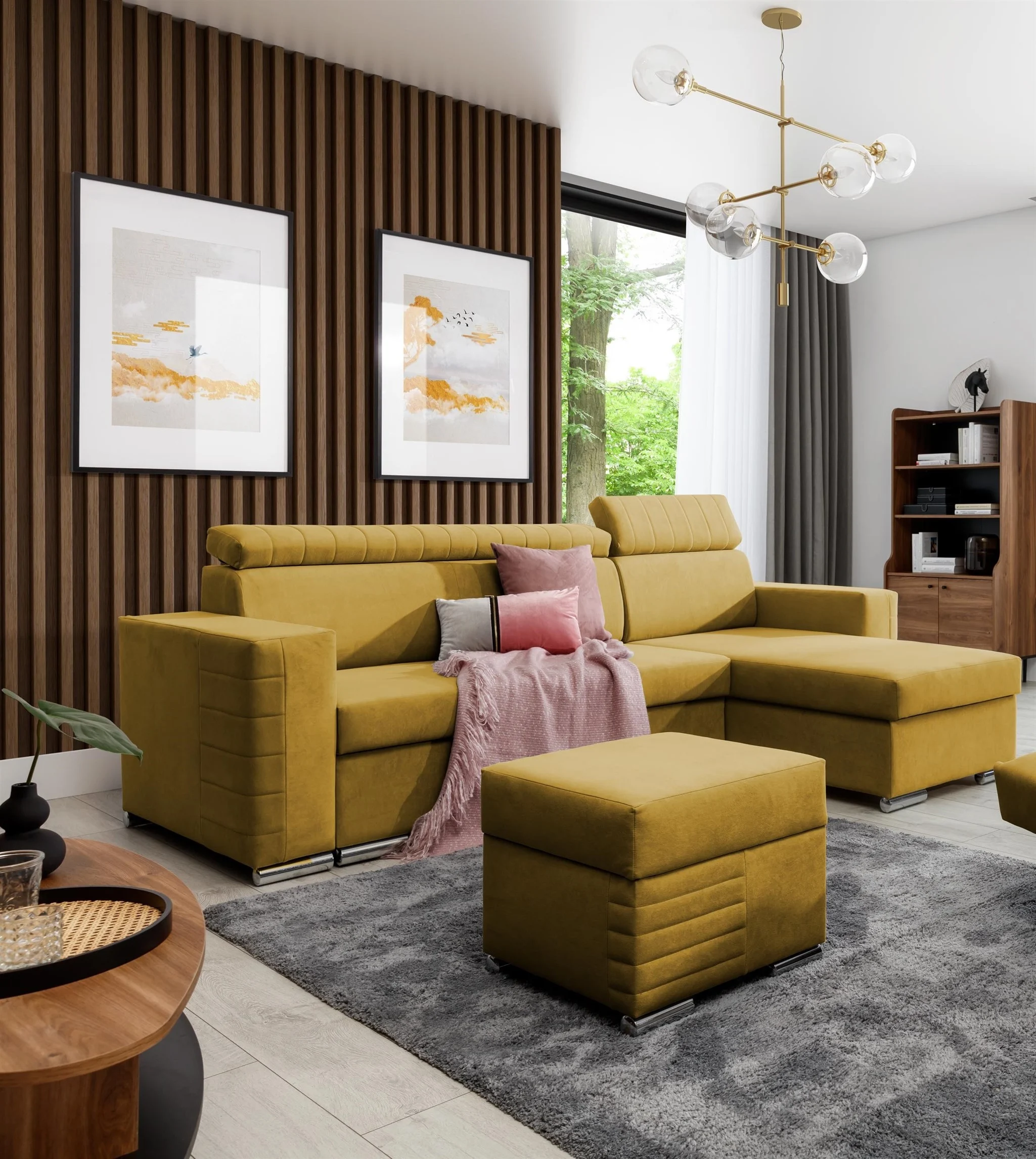 Ecksofa Schlafsofa inkl. Hocker CANTON Stoff Camelia Senfgelb Ottomane Rechts - Fun Möbel
