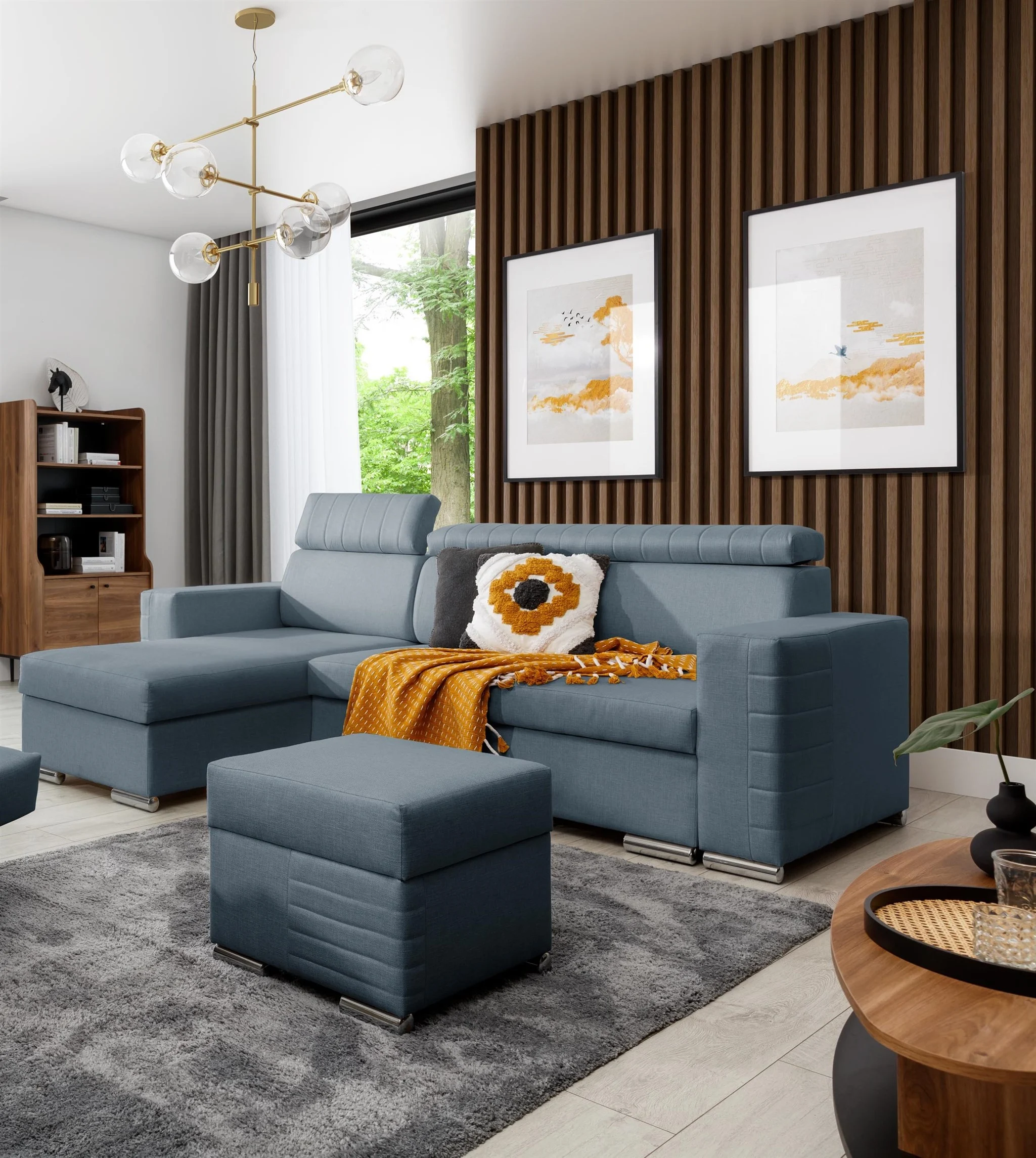 Ecksofa Schlafsofa inkl. Hocker CANTON Stoff Liverpool Azurblau Ottomane Links - Fun Möbel