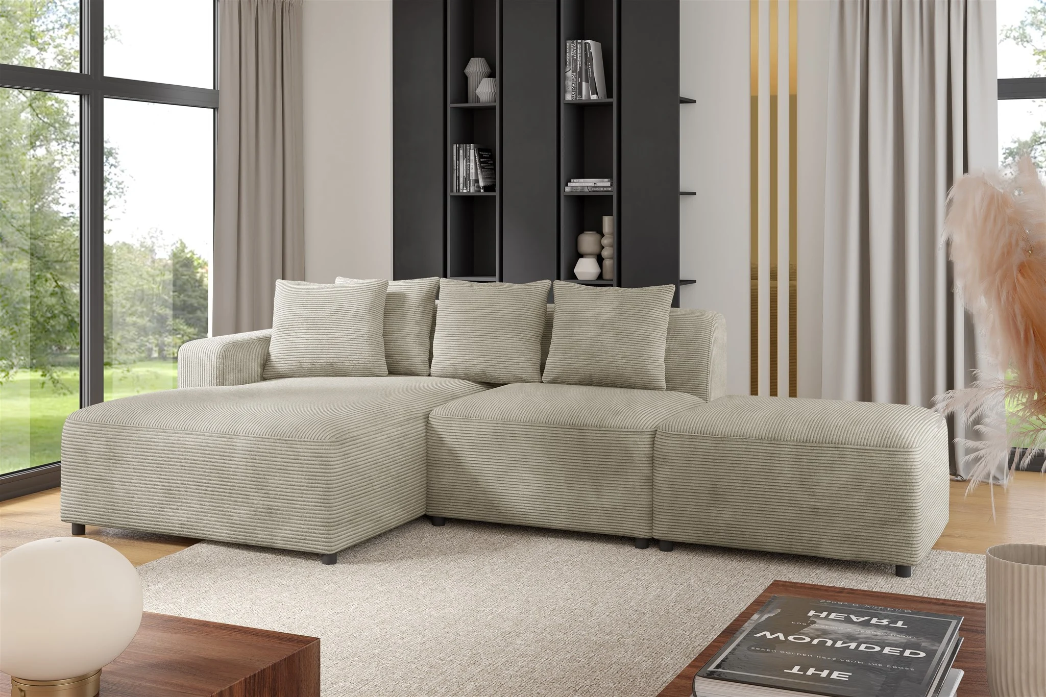 Ecksofa Designersofa MEGAN XS inkl. Hocker Stoff Poso Beige Ottomane Links - Fun Möbel