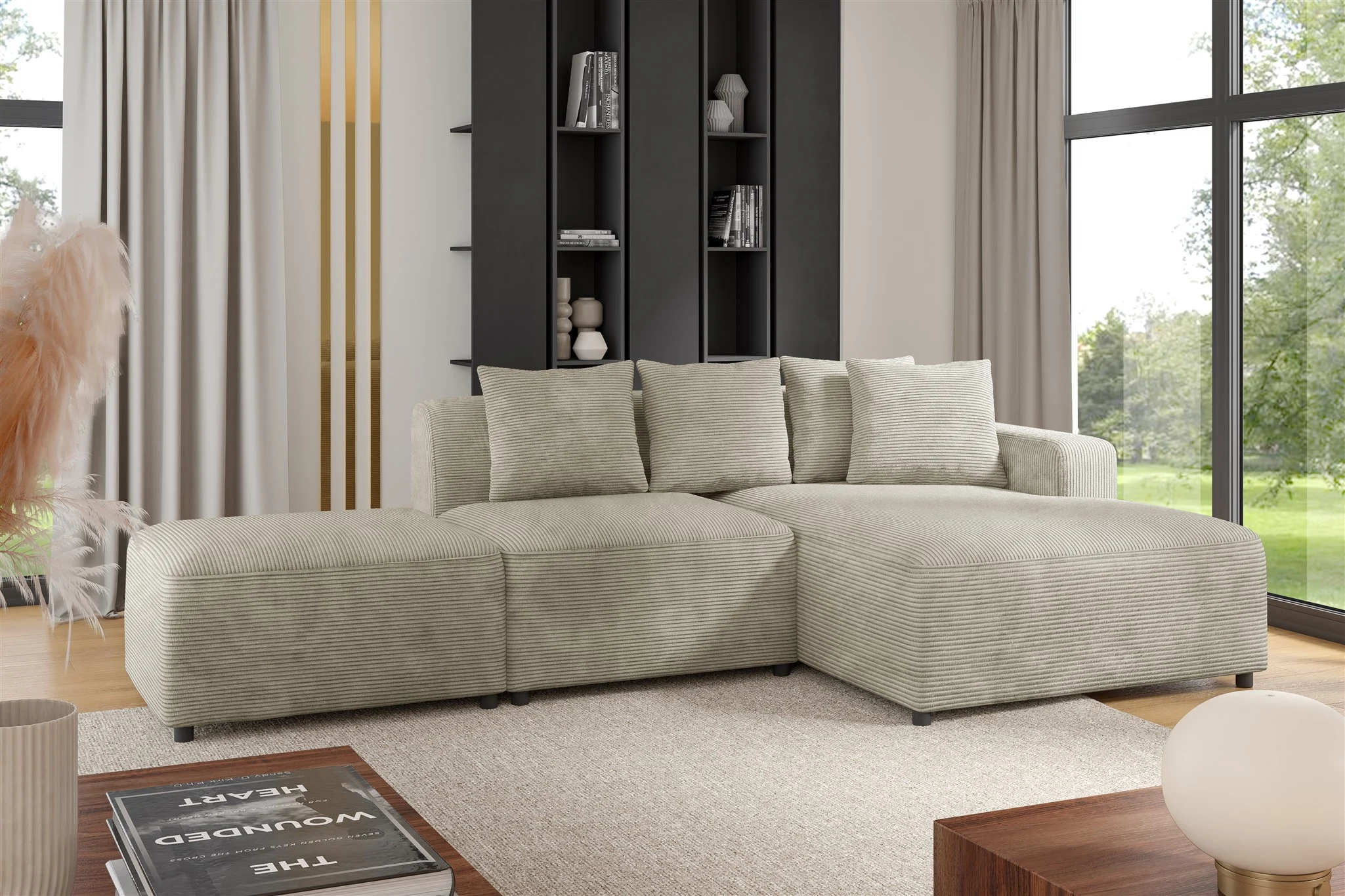 Ecksofa Designersofa MEGAN XS inkl. Hocker Stoff Poso Beige Ottomane Rechts - Fun Möbel