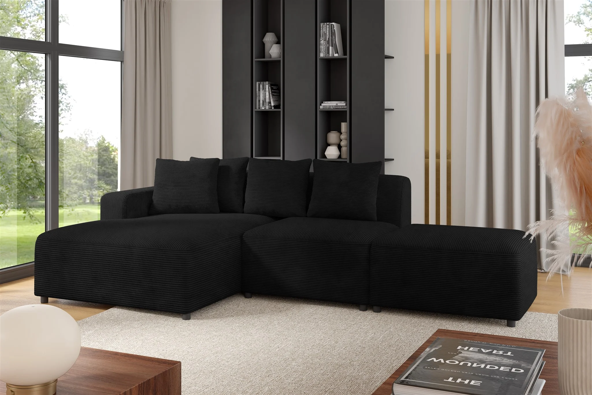 Ecksofa Designersofa MEGAN XS inkl. Hocker Stoff Poso Schwarz Ottomane Links - Fun Möbel