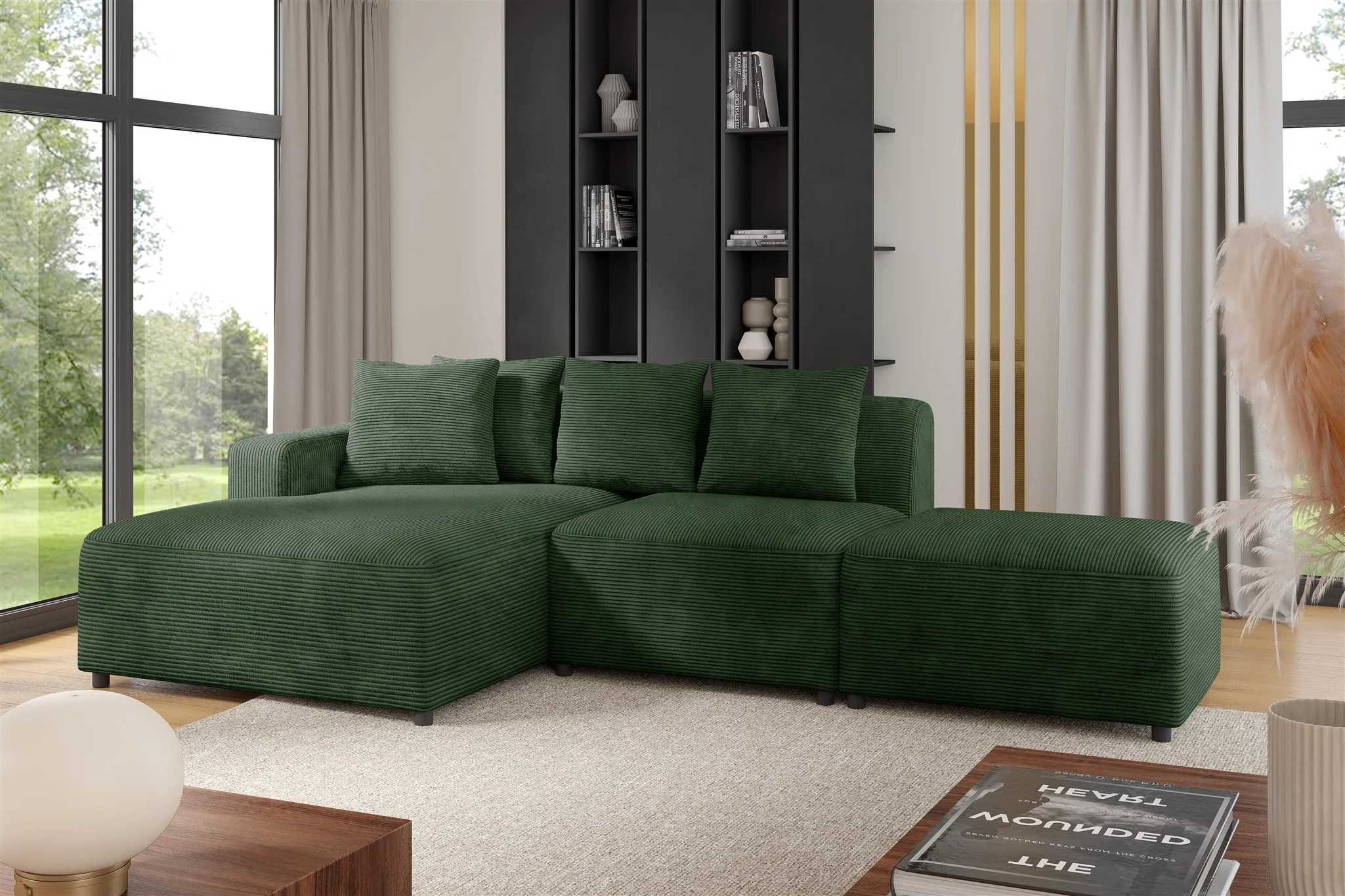 Ecksofa Designersofa MEGAN XS inkl. Hocker Stoff Poso Dunkelgrün Ottomane Links - Fun Möbel