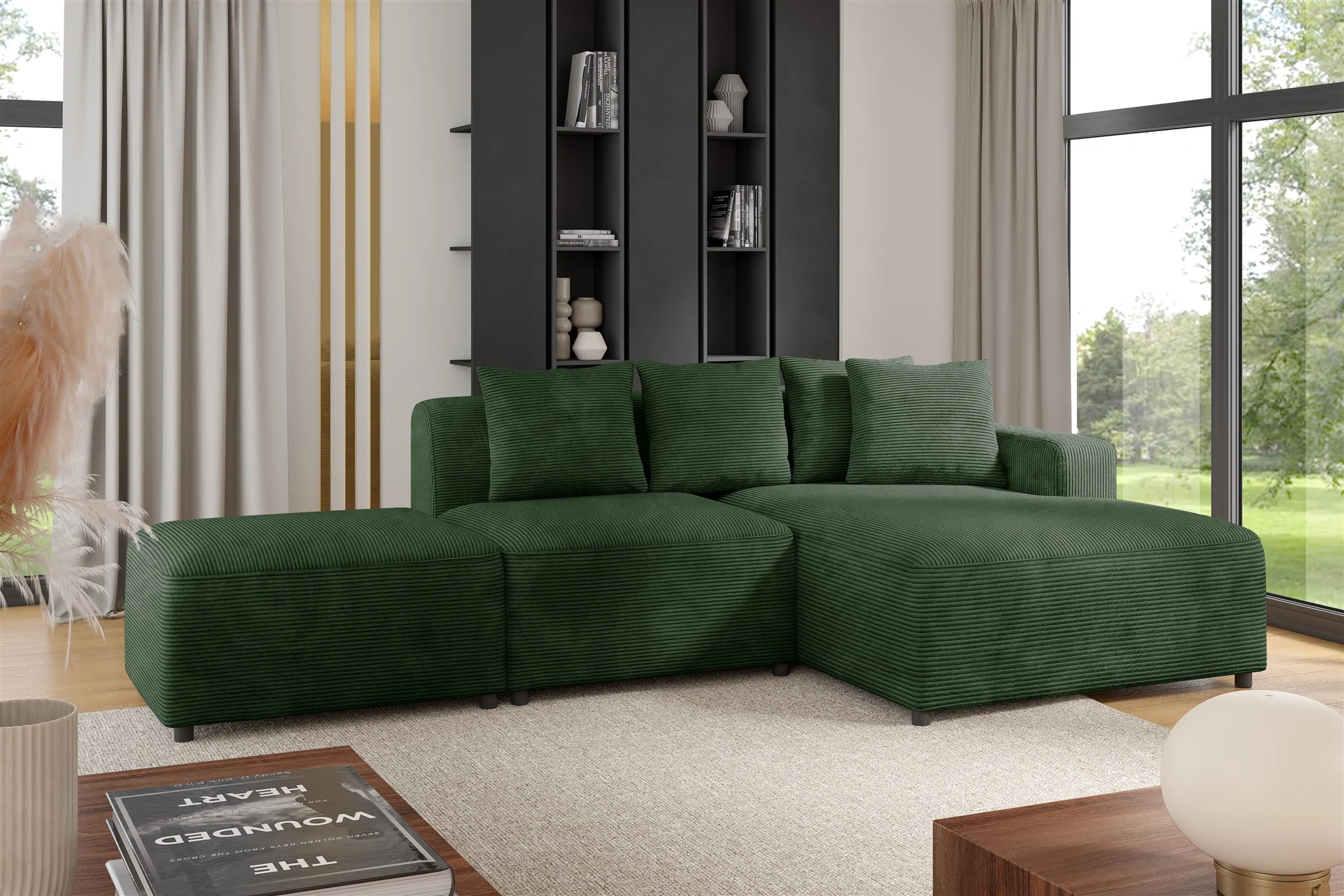 Ecksofa Designersofa MEGAN XS inkl. Hocker Stoff Poso Dunkelgrün Ottomane Rechts - Fun Möbel
