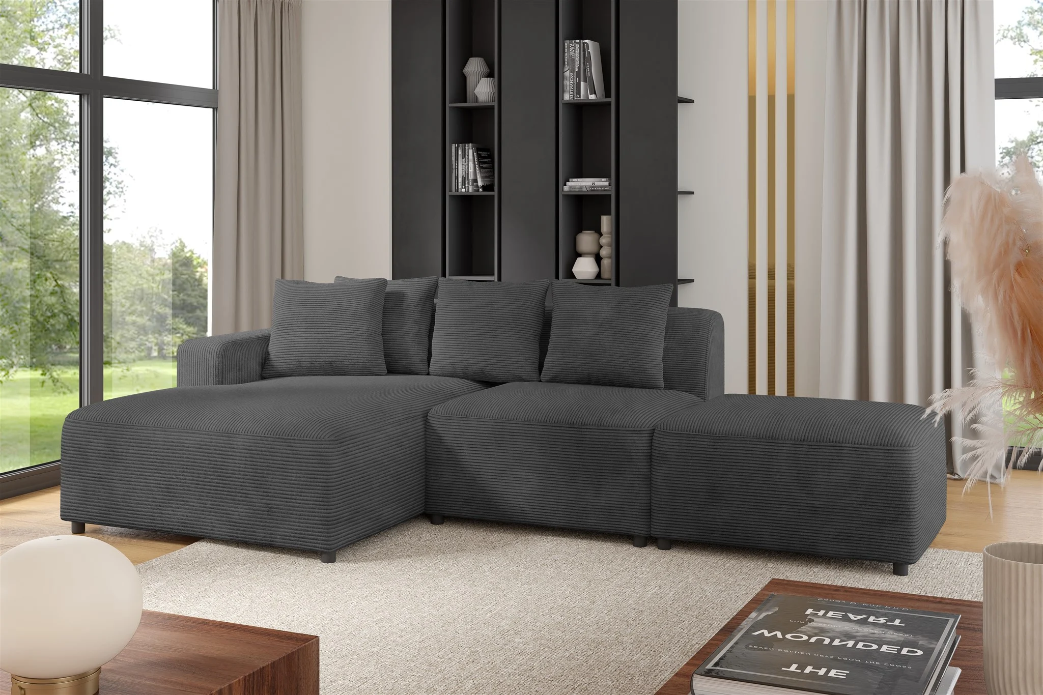 Ecksofa Designersofa MEGAN XS inkl. Hocker Stoff Poso Dunkelgrau Ottomane Links - Fun Möbel