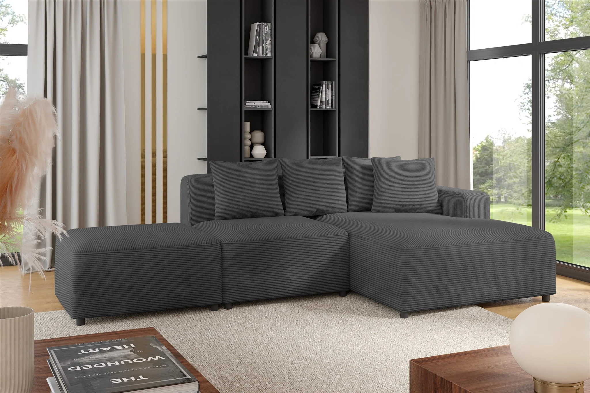 Ecksofa Designersofa MEGAN XS inkl. Hocker Stoff Poso Dunkelgrau Ottomane Rechts - Fun Möbel