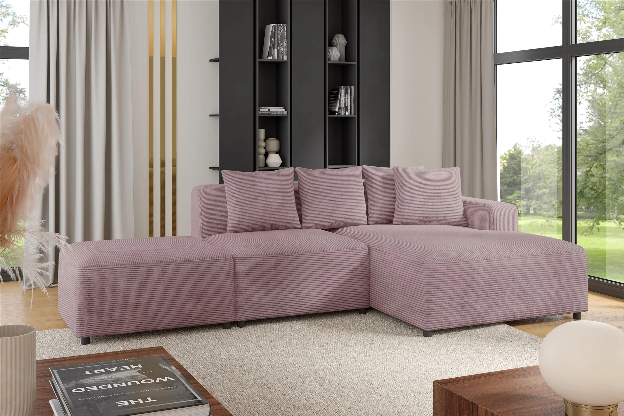 Ecksofa Designersofa MEGAN XS inkl. Hocker Stoff Poso Altrosa Ottomane Rechts - Fun Möbel