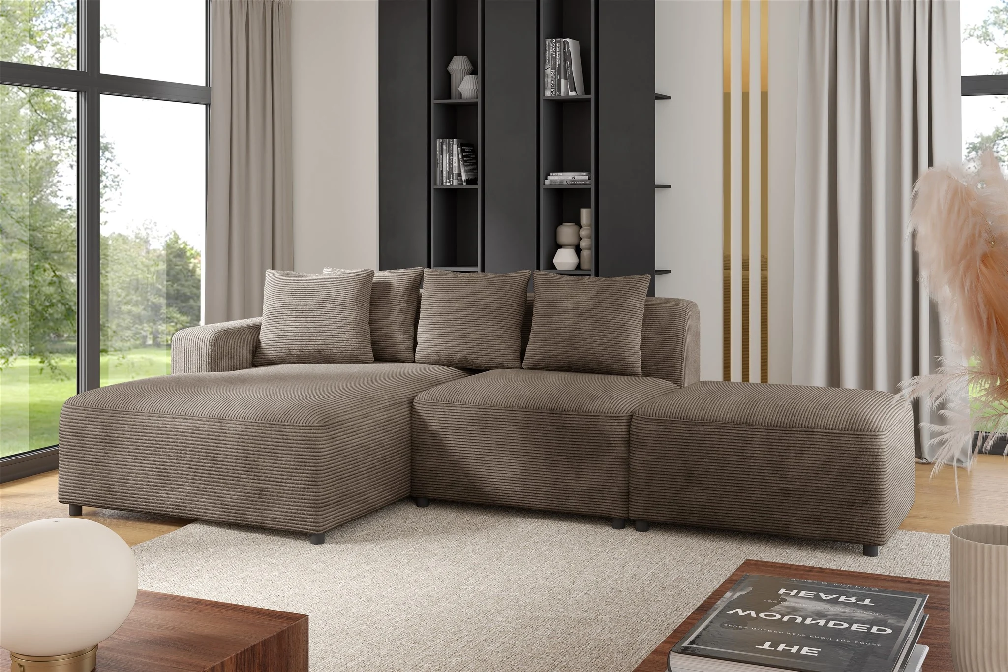 Ecksofa Designersofa MEGAN XS inkl. Hocker Stoff Poso Cappuccino Ottomane Links - Fun Möbel