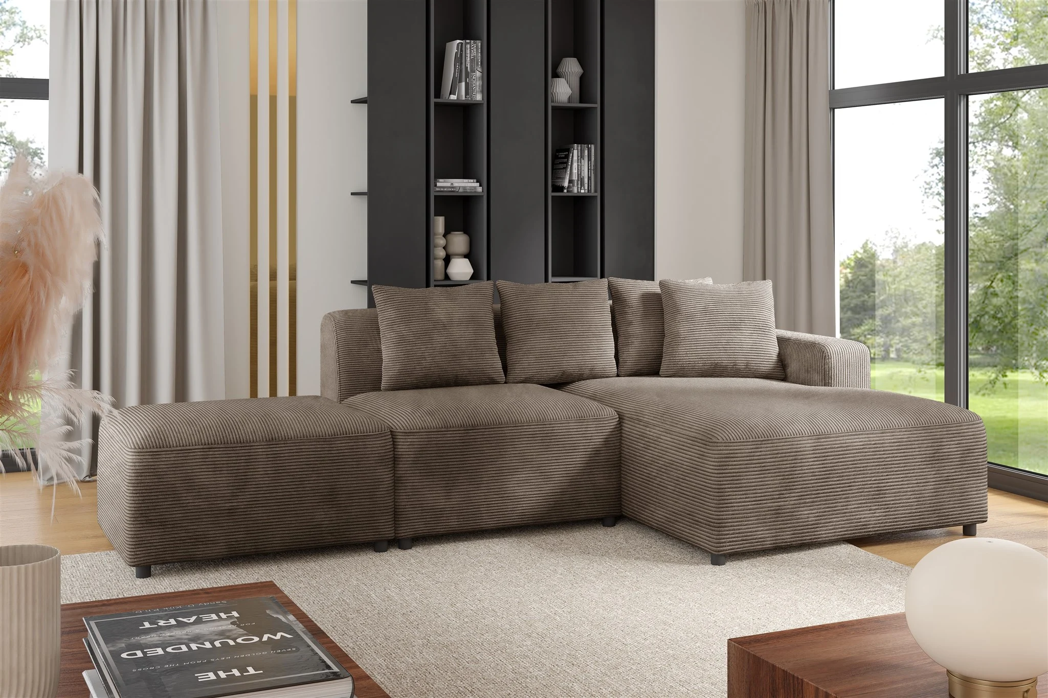 Ecksofa Designersofa MEGAN XS inkl. Hocker Stoff Poso Cappuccino Ottomane Rechts - Fun Möbel