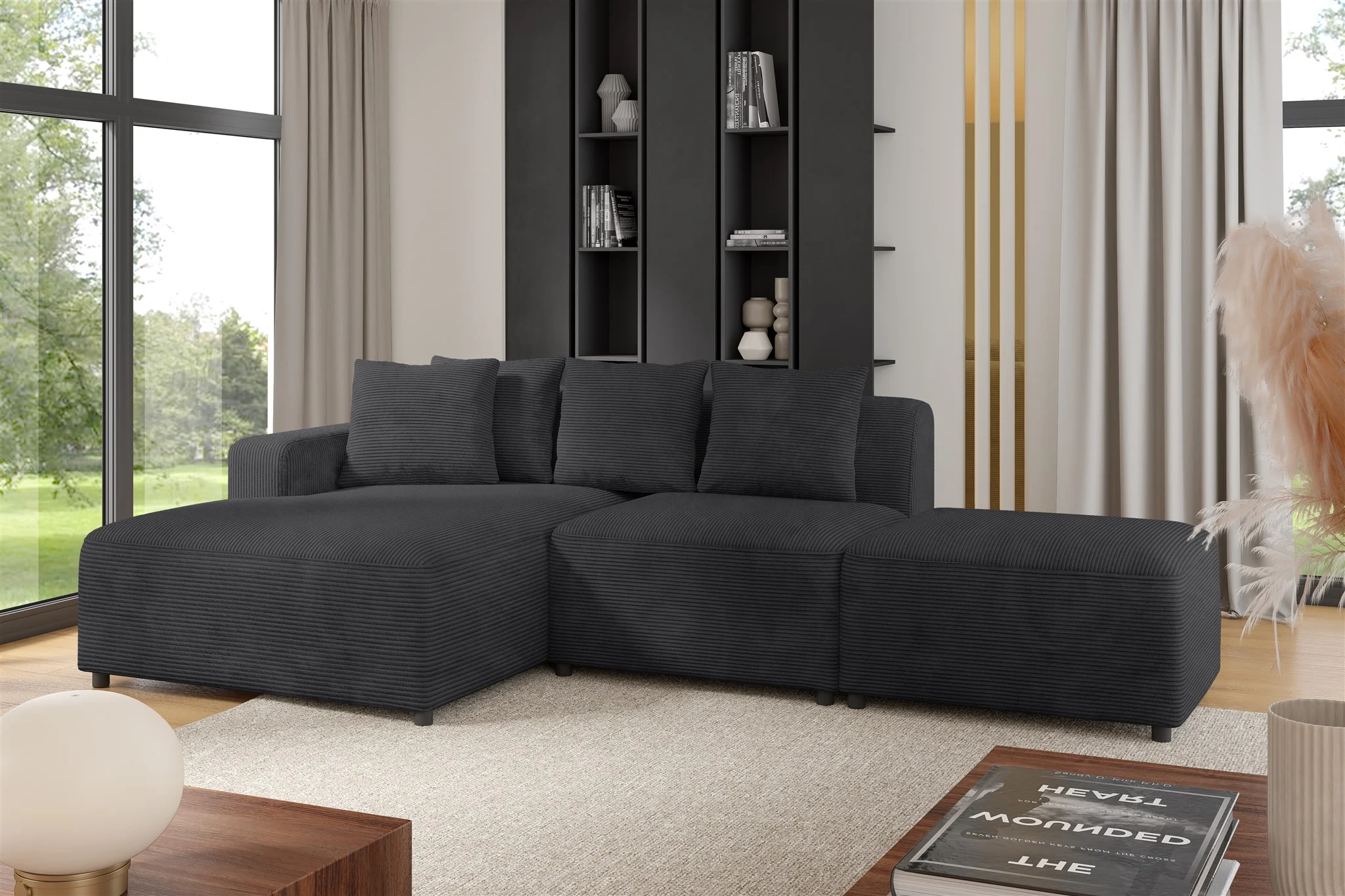 Ecksofa Designersofa MEGAN XS inkl. Hocker Stoff Poso Anthrazit Ottomane Links - Fun Möbel