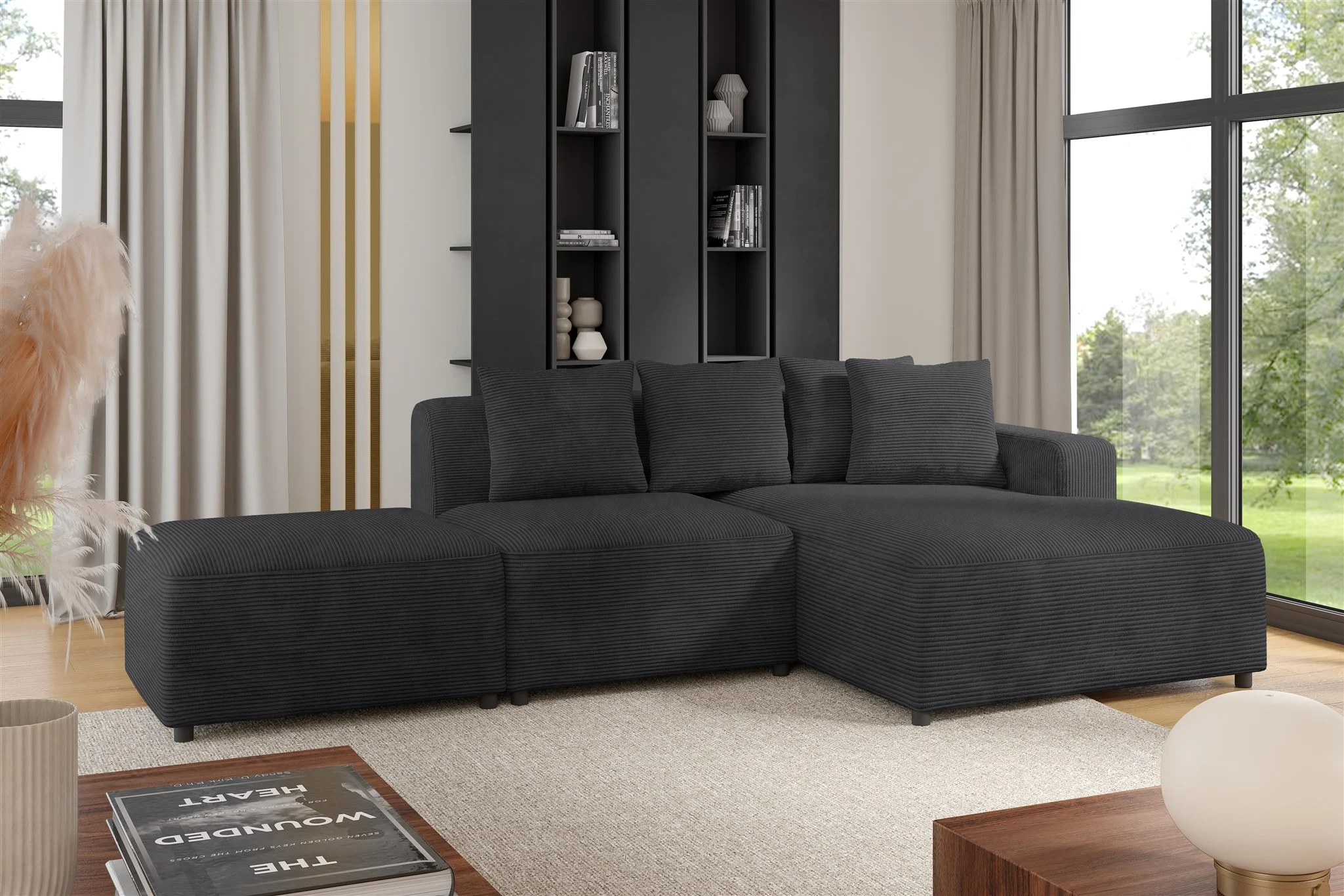 Ecksofa Designersofa MEGAN XS inkl. Hocker Stoff Poso Anthrazit Ottomane Rechts - Fun Möbel