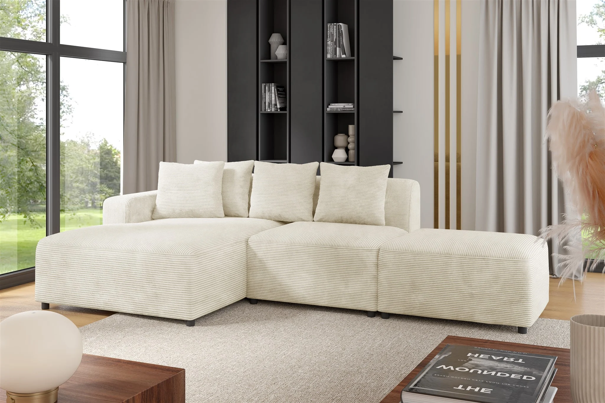 Ecksofa Designersofa MEGAN XS inkl. Hocker Stoff Poso Creme Ottomane Links - Fun Möbel