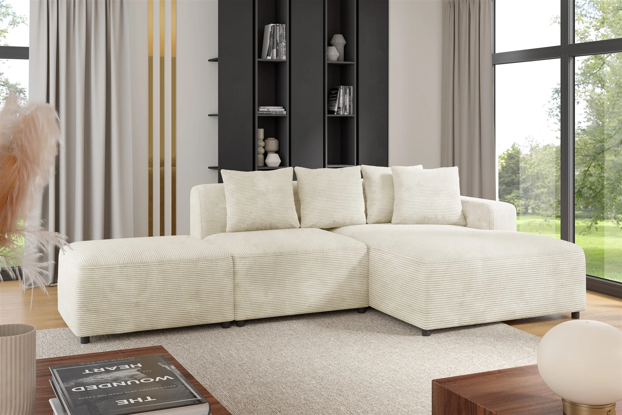 Ecksofa Designersofa MEGAN XS inkl. Hocker Stoff Poso Creme Ottomane Rechts - Fun Möbel