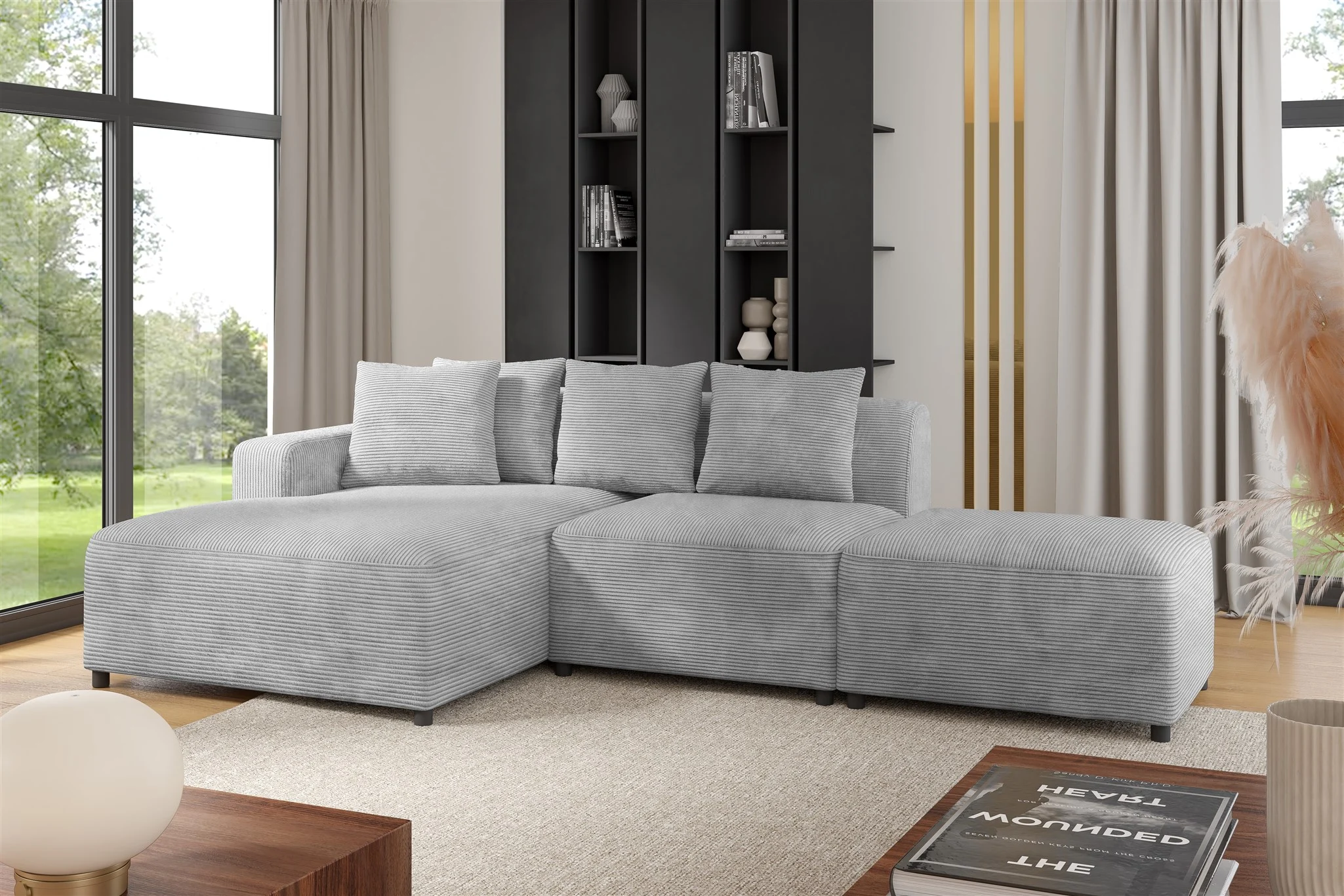 Ecksofa Designersofa MEGAN XS inkl. Hocker Stoff Poso Hellgrau Ottomane Links - Fun Möbel