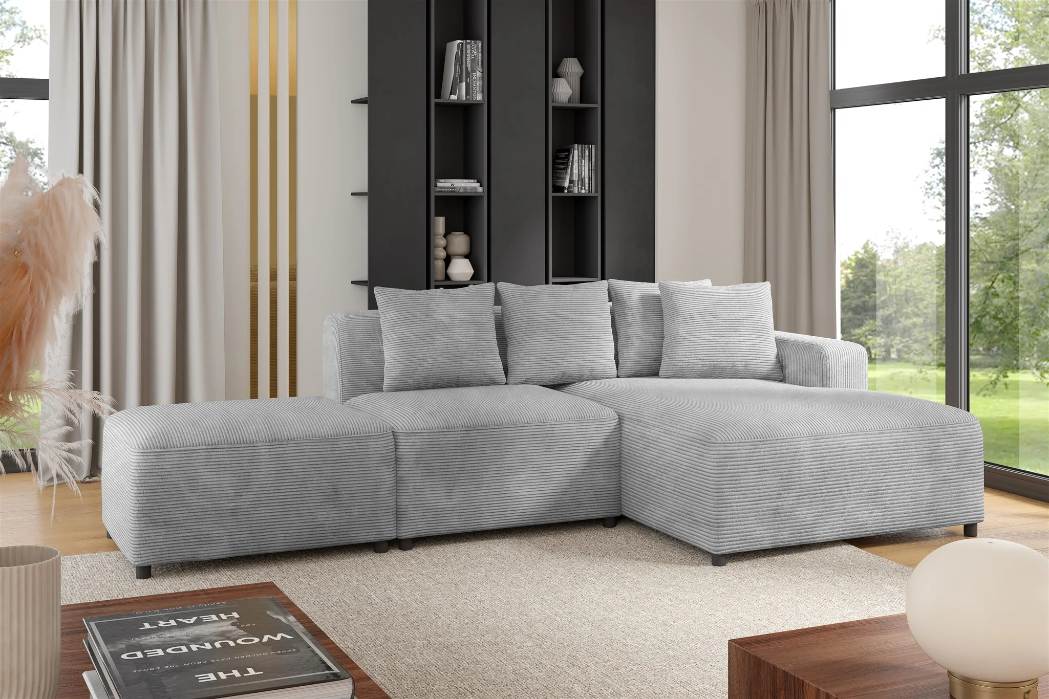 Ecksofa Designersofa MEGAN XS inkl. Hocker Stoff Poso Hellgrau Ottomane Rechts - Fun Möbel