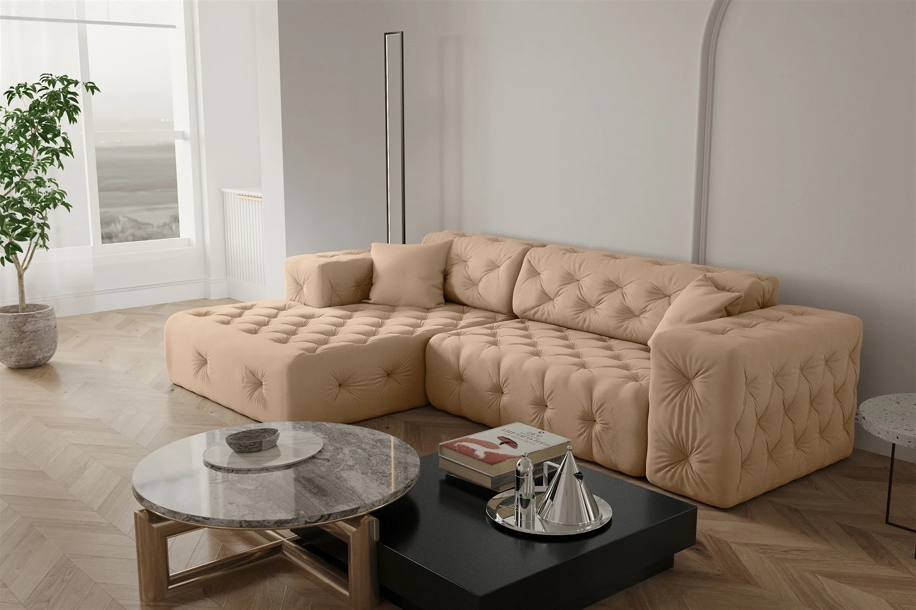 Ecksofa Designersofa CHANTAL in Stoff Opera Velvet Beige Ottomane Links - Fun Moebel