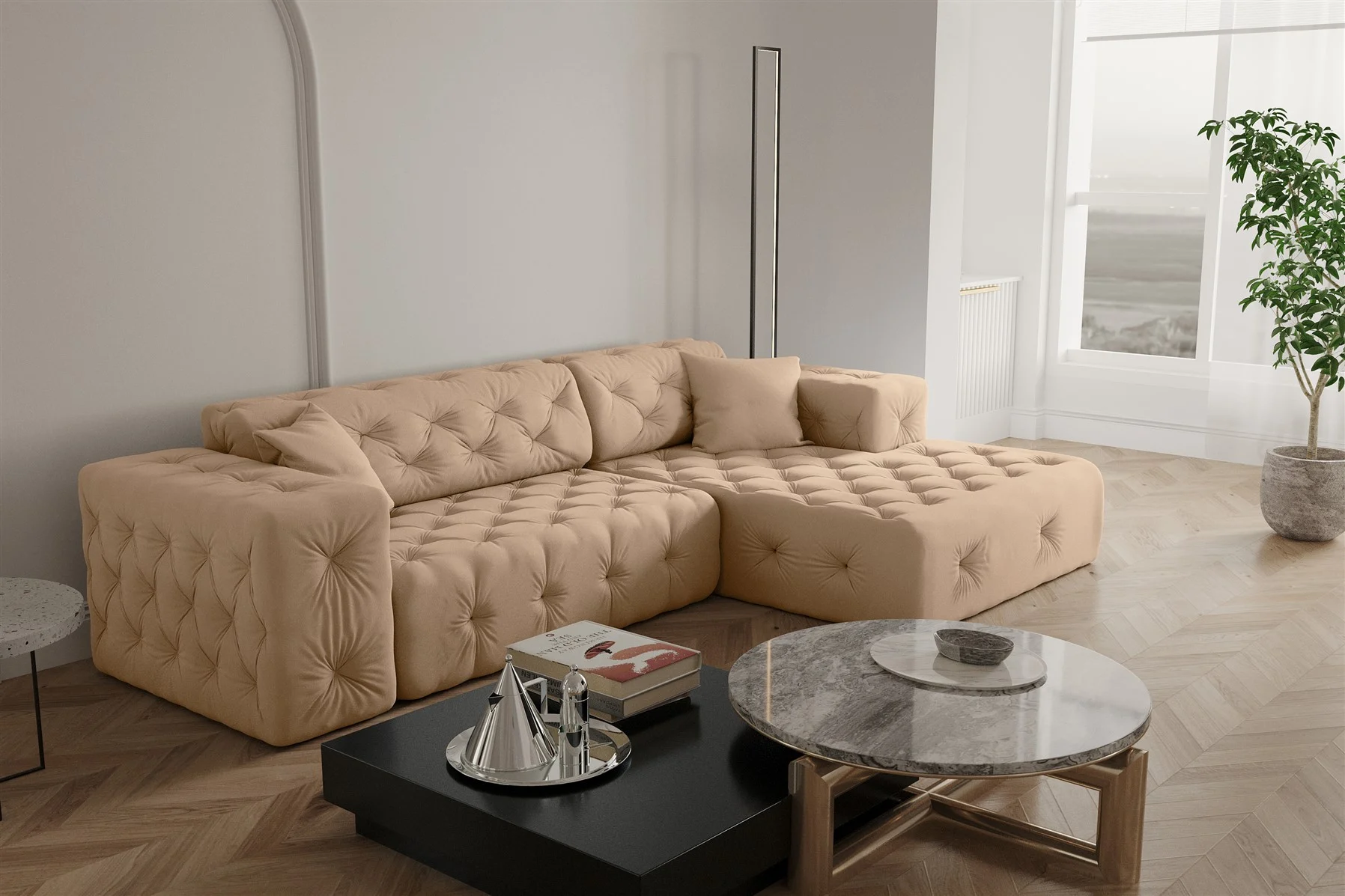 Ecksofa Designersofa CHANTAL in Stoff Opera Velvet Beige Ottomane Rechts - Fun Moebel
