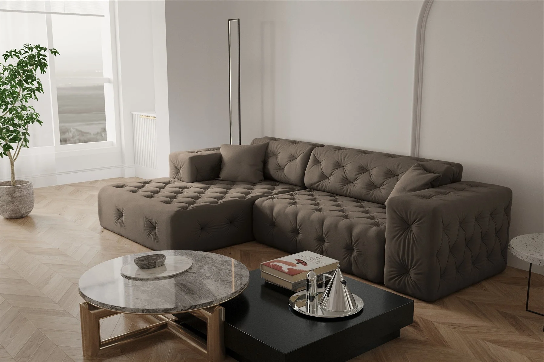 Ecksofa Designersofa CHANTAL in Stoff Opera Velvet Braun Ottomane Links - Fun Moebel