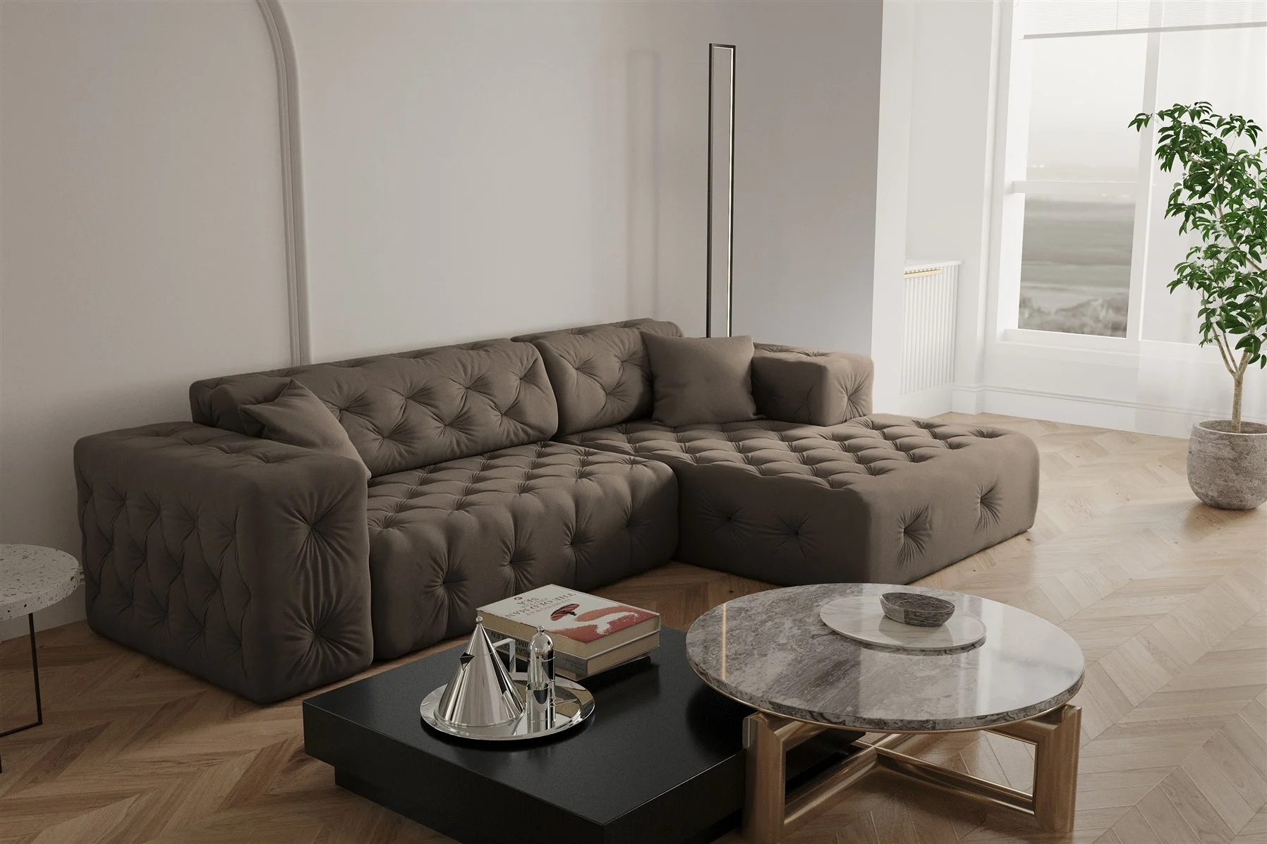 Ecksofa Designersofa CHANTAL in Stoff Opera Velvet Braun Ottomane Rechts - Fun Moebel