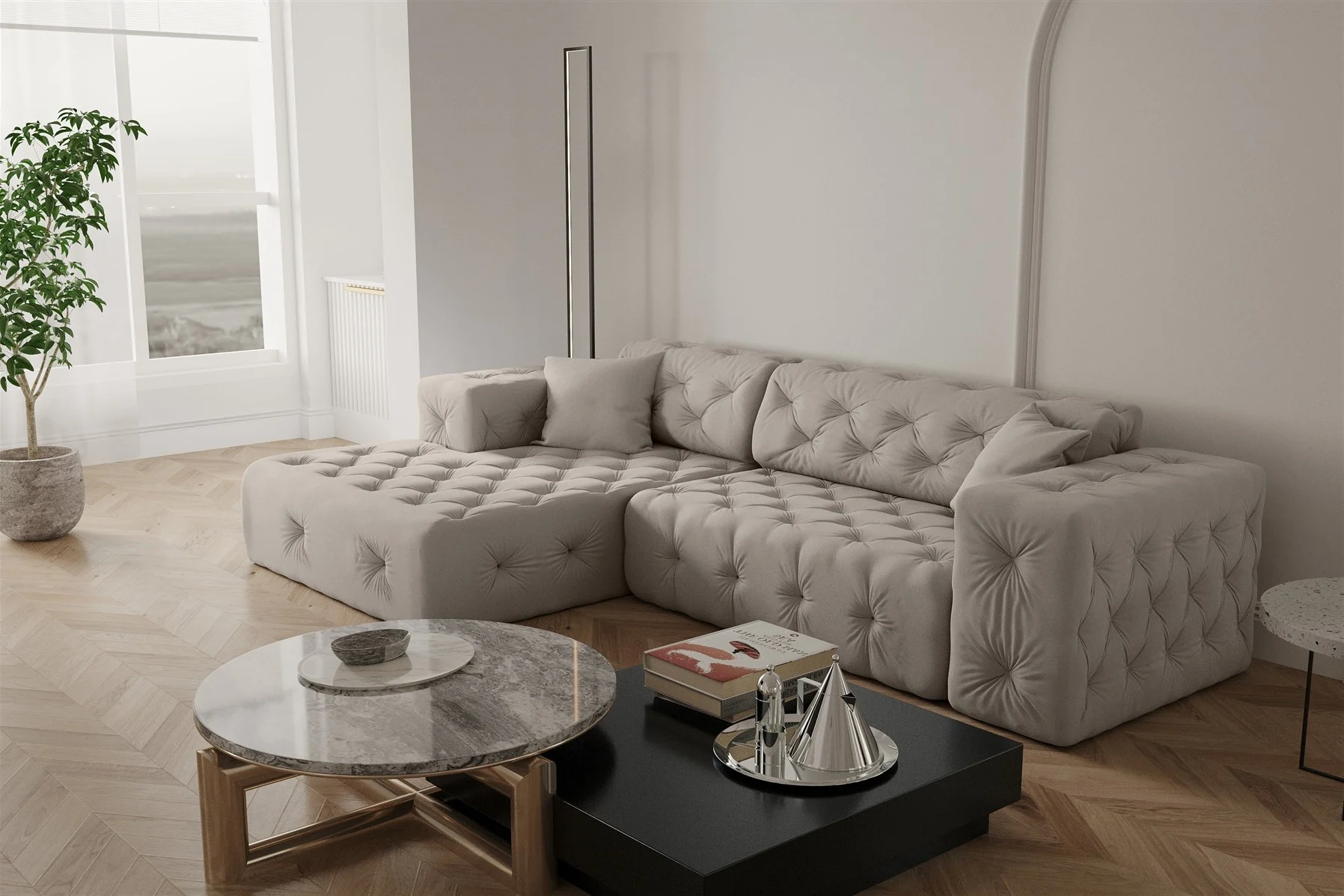 Ecksofa Designersofa CHANTAL in Stoff Opera Velvet Cream Ottomane Links - Fun Moebel