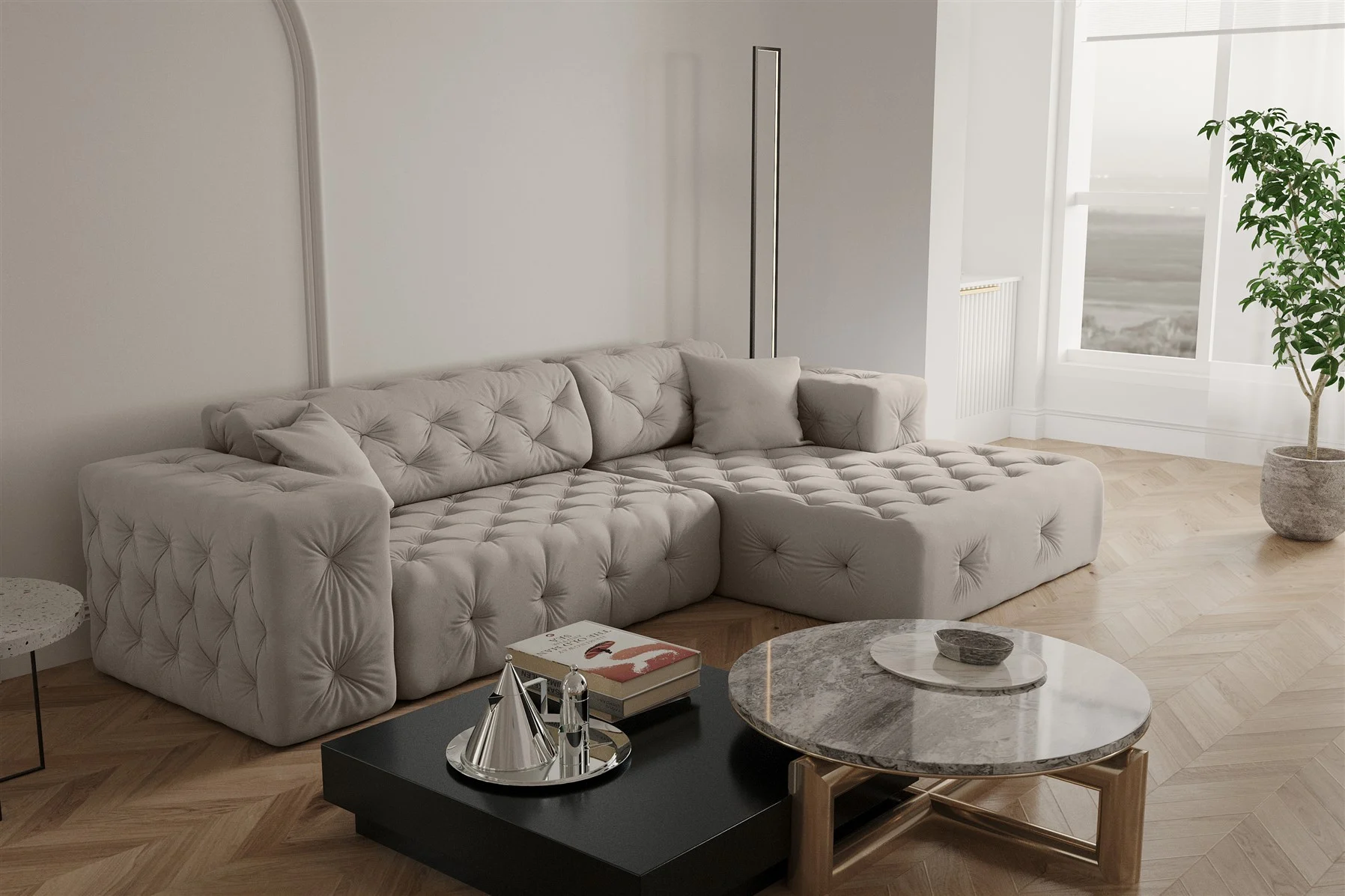 Ecksofa Designersofa CHANTAL in Stoff Opera Velvet Cream Ottomane Rechts - Fun Moebel