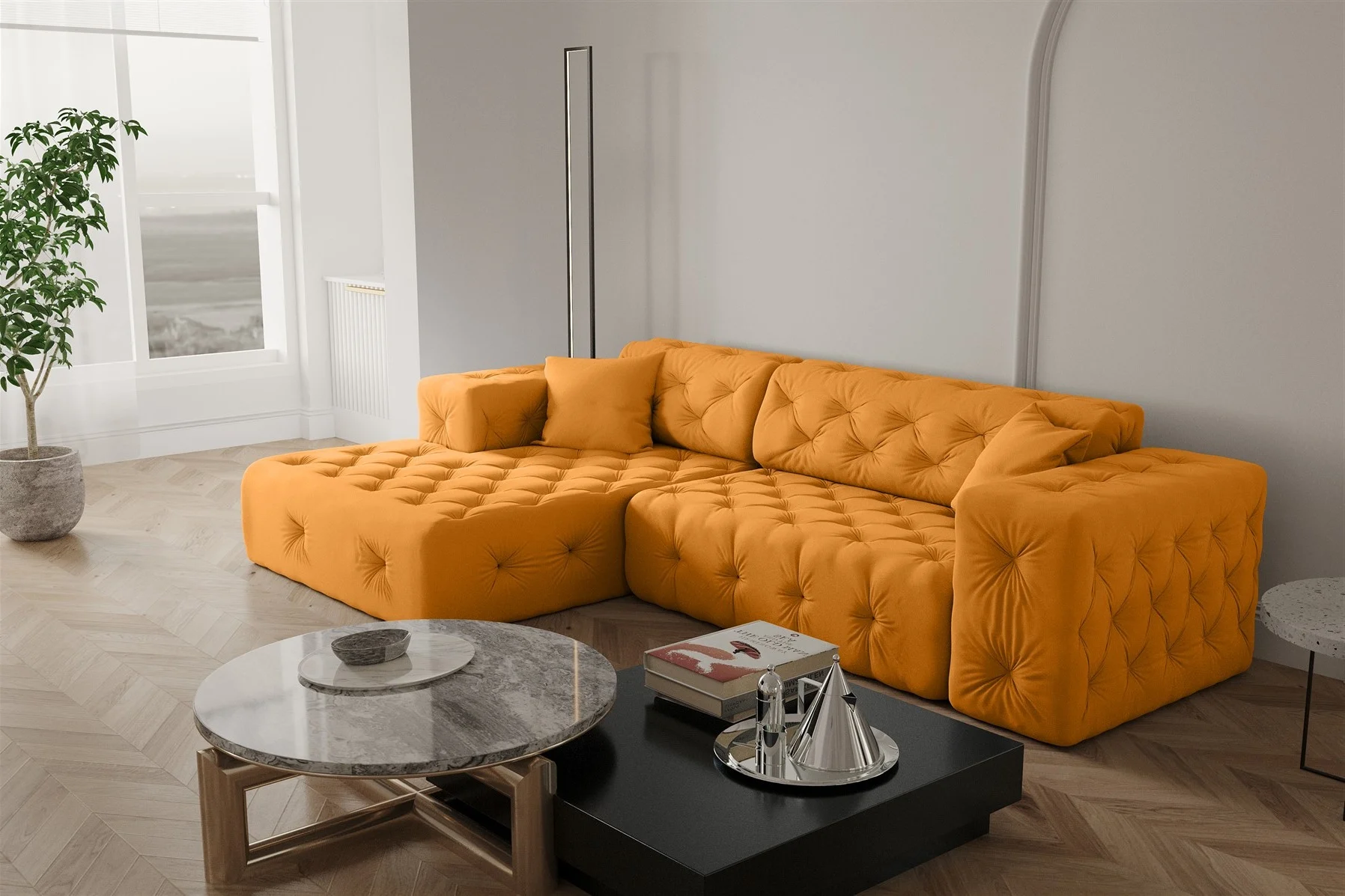 Ecksofa Designersofa CHANTAL in Stoff Opera Velvet Gelb Ottomane Links - Fun Moebel