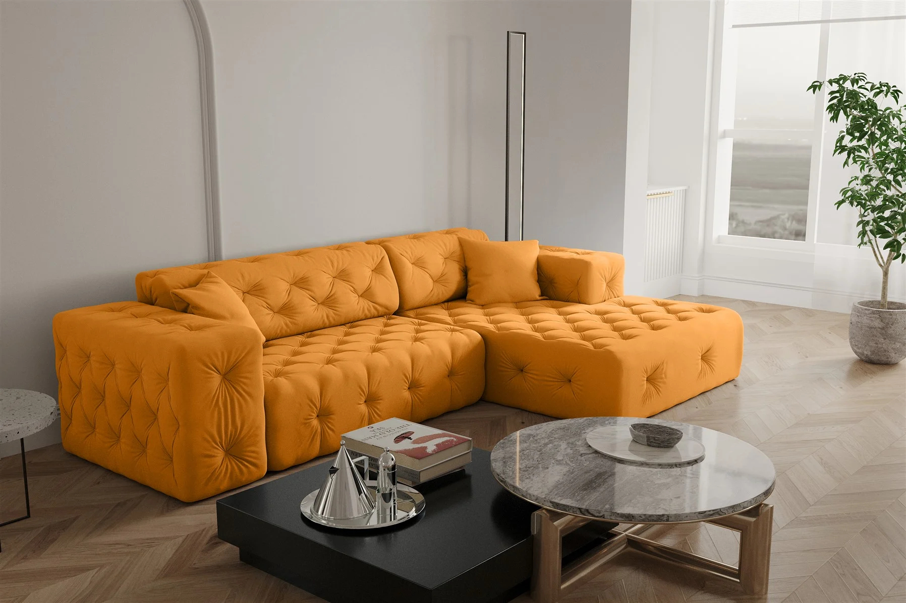 Ecksofa Designersofa CHANTAL in Stoff Opera Velvet Gelb Ottomane Rechts - Fun Moebel